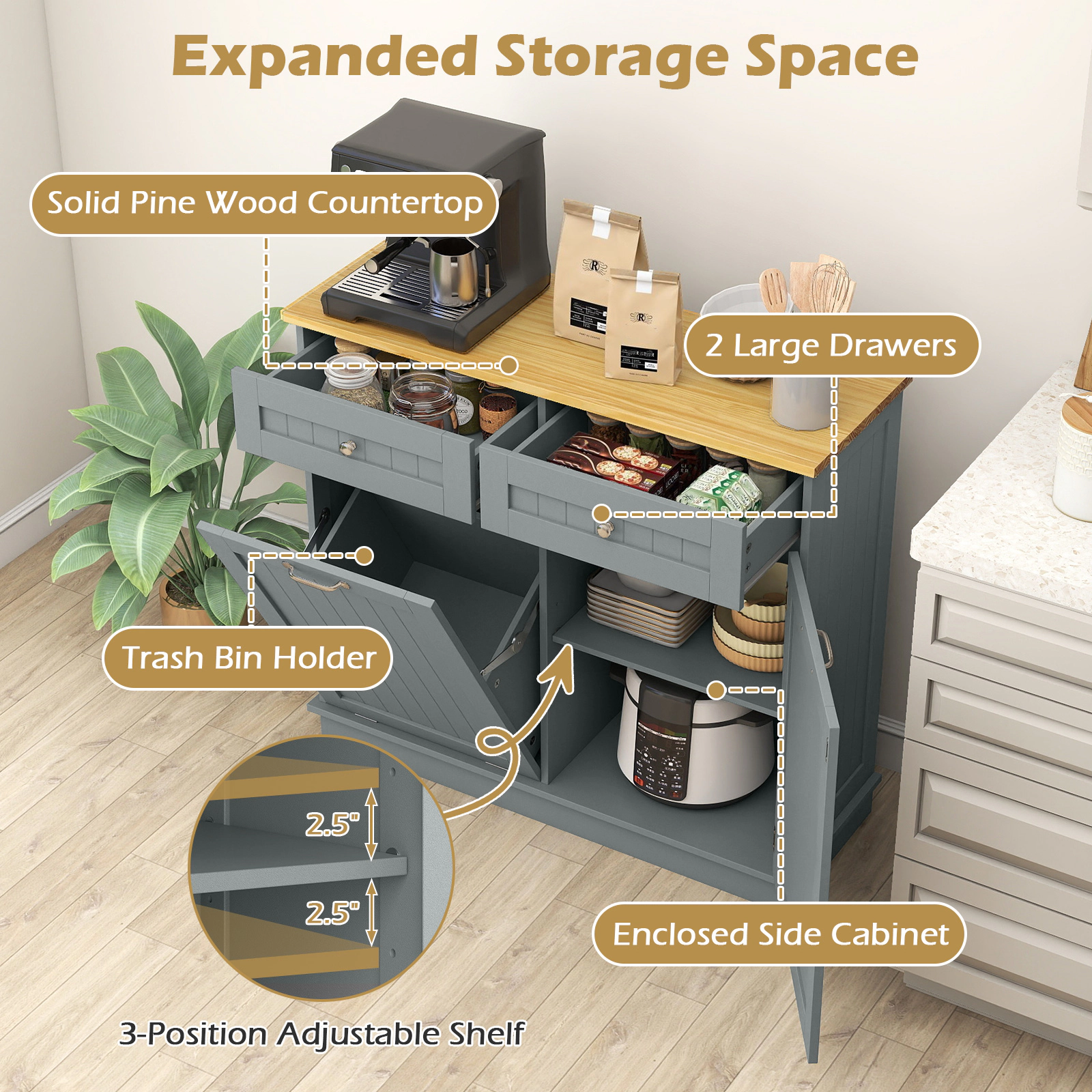 Glintex 39.5-Inch Tilt-Out Trash Cabinet with Pine Wood Countertop