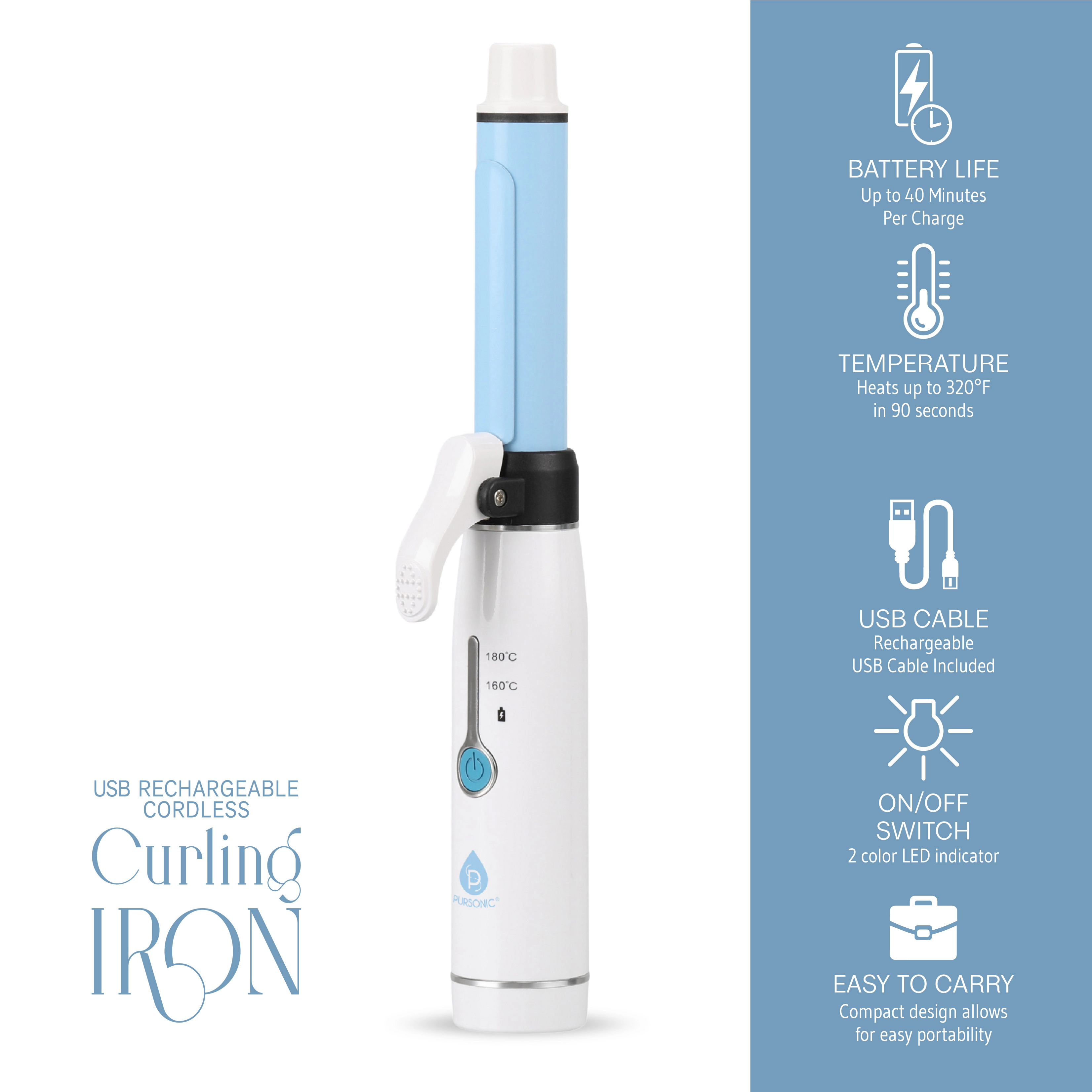 Pursonic Women's USB Rechargeable Cordless Curling Iron