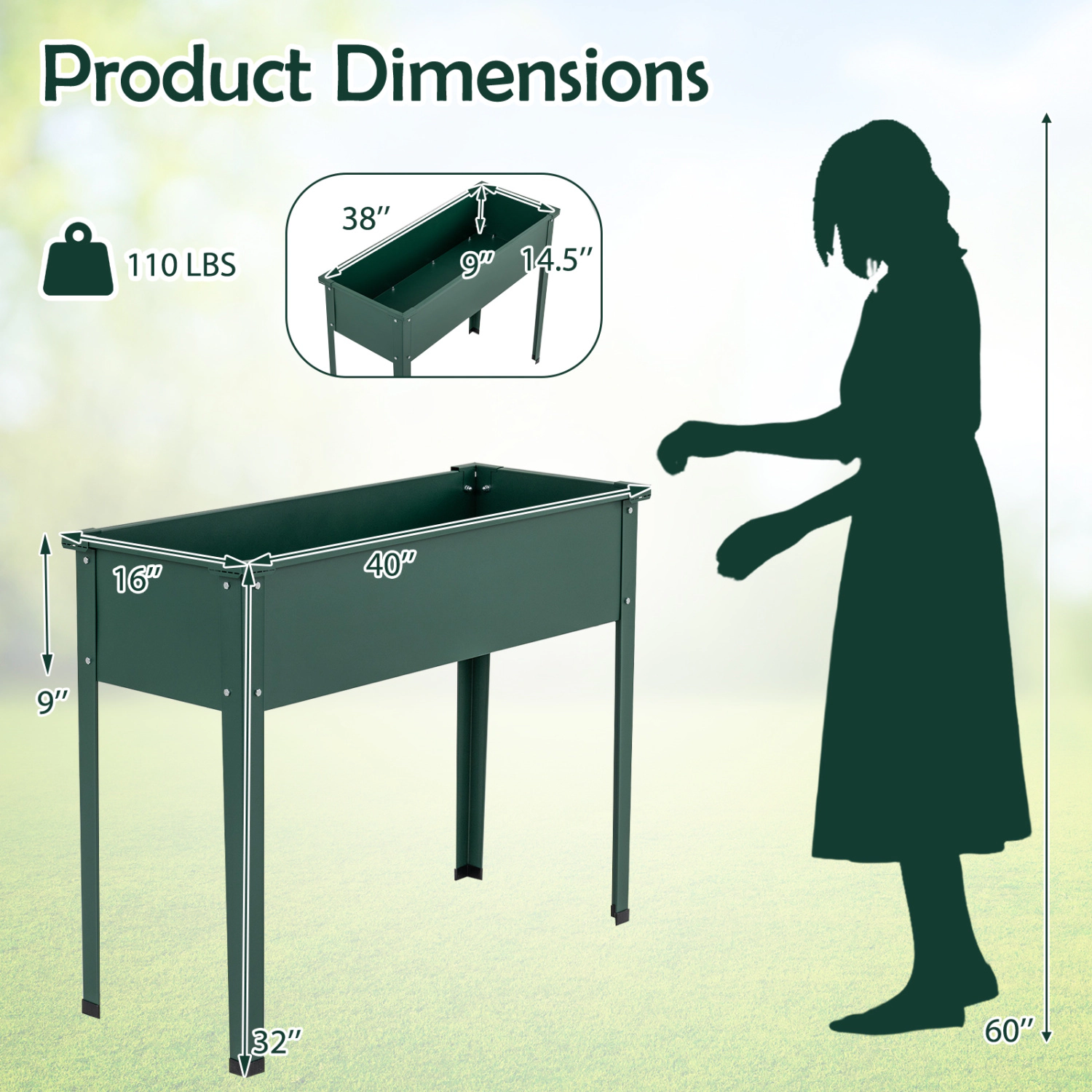 SlickBlue 40 Inch Standing Garden Bed with Drainage System Black Green