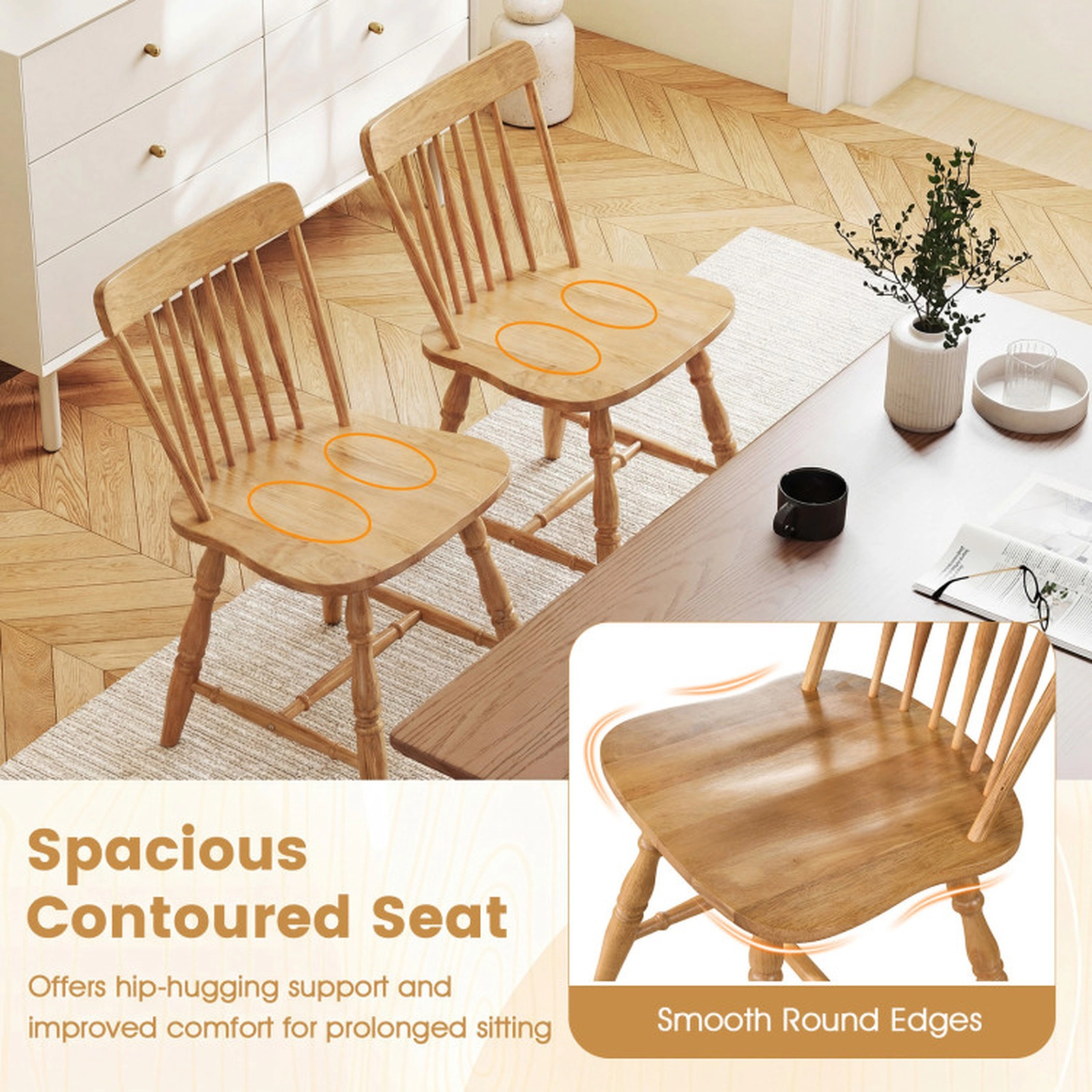 SUGIFT Curved Spindle Back Windsor Dining Chair Set of 2 Rubber Wood Frame 330-Lb Capacity 31.5-in Tall Black/Natural
