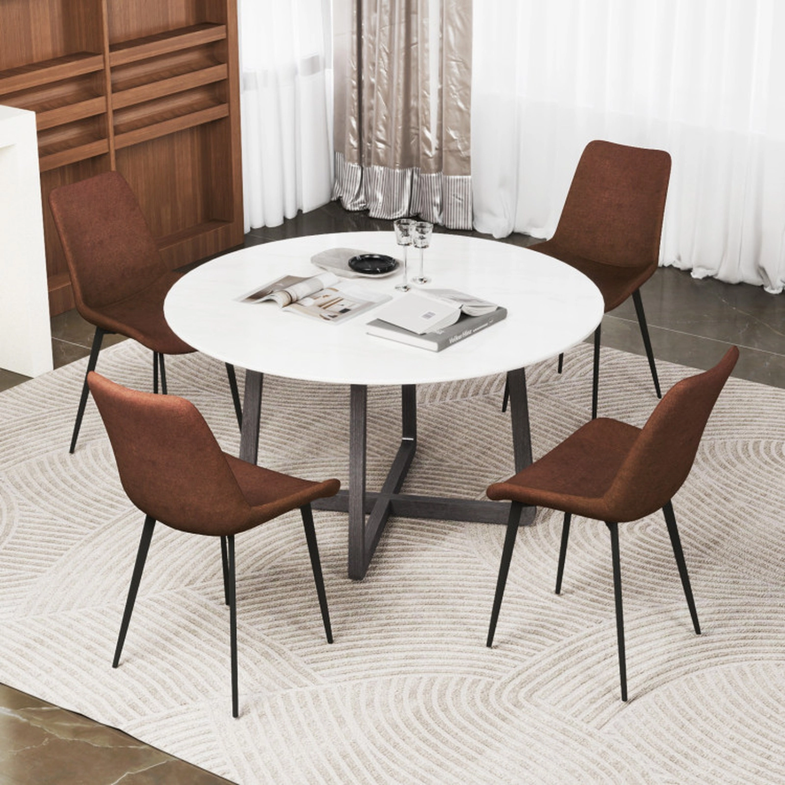 SUGIFT Set of 4 330-lb Capacity Brown Faux Linen Upholstered Dining Chairs with Metal Legs and Padded Back