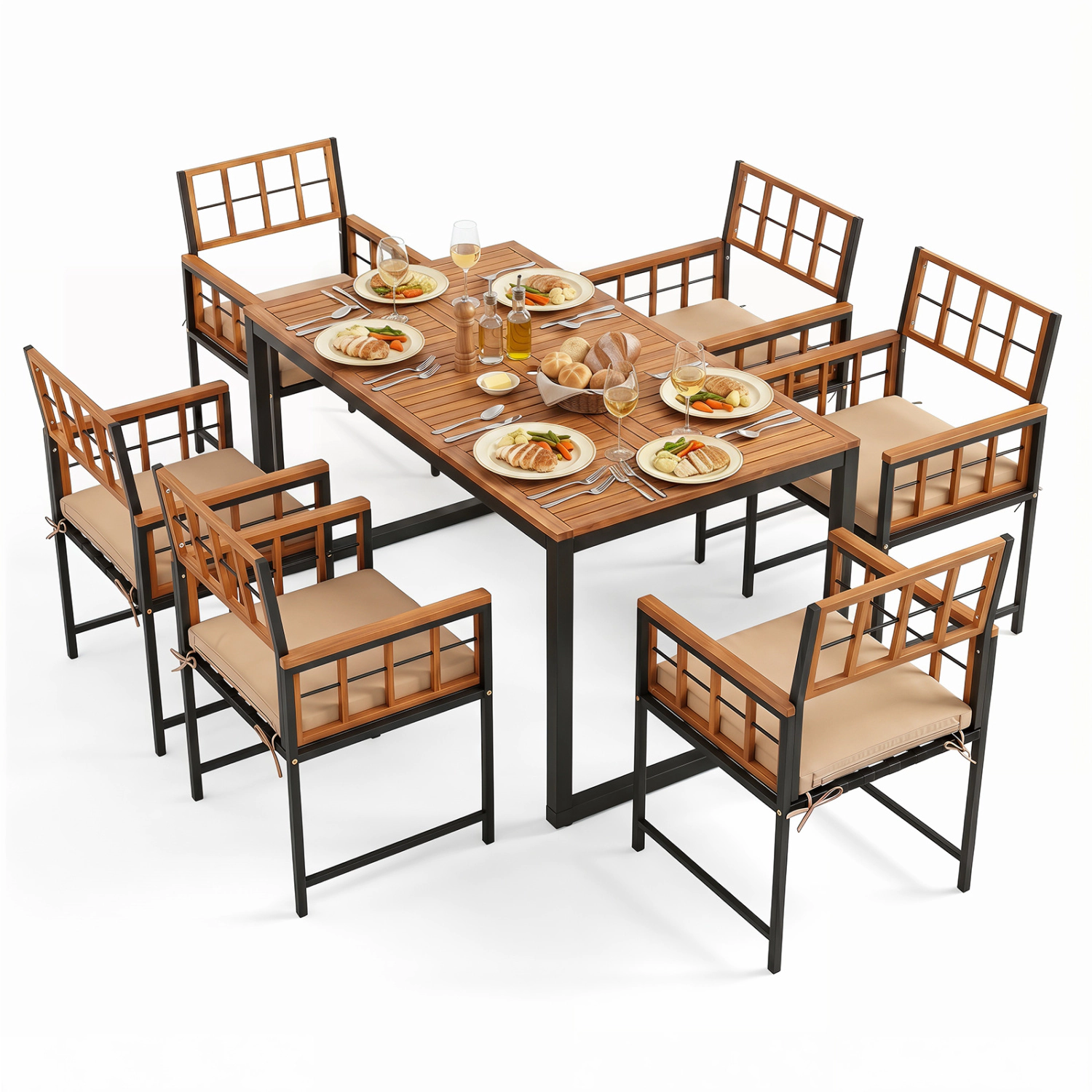 LJG 7-Piece Outdoor Dining Set with Acacia Wood Table & Chairs and Umbrella Hole