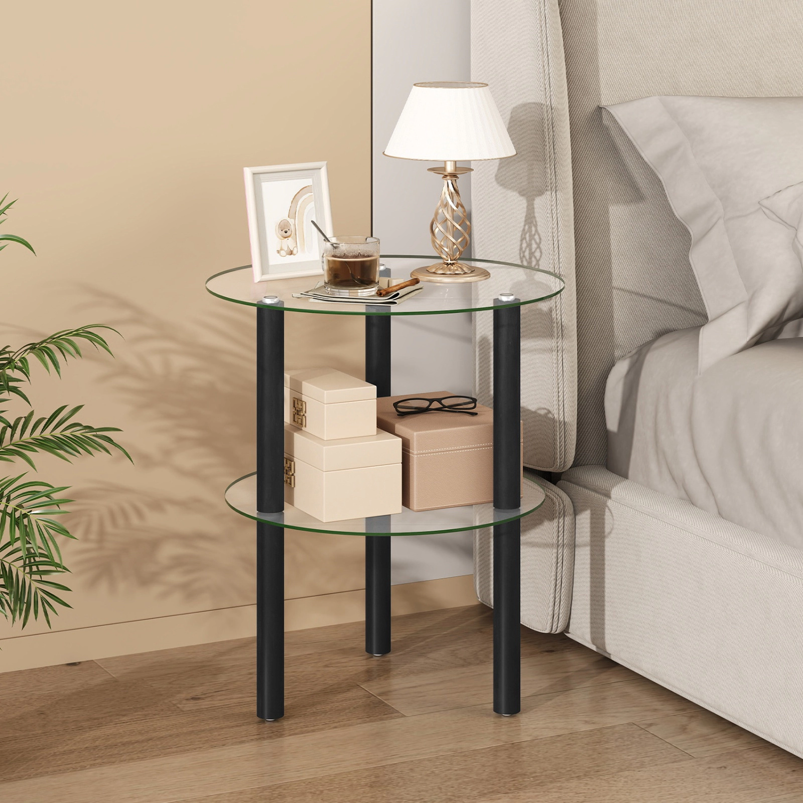 SUGIFT Round Tempered Glass Top Rubber Wood Legs 2 Tier Storage End Table In Black