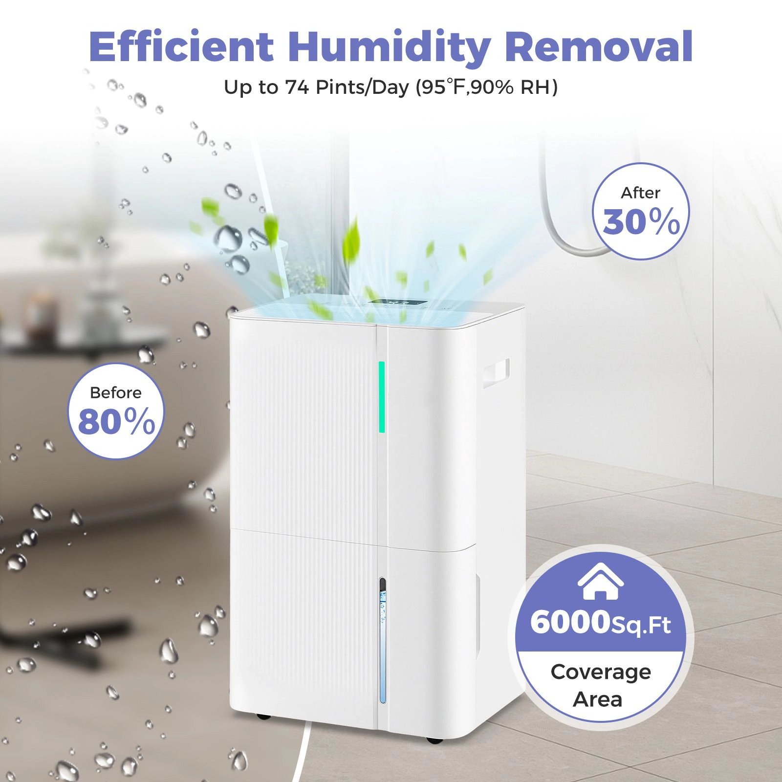 SlickBlue Large Room Dehumidifier, 74/96 Pint Capacity with LED Display, Auto Drain and Timer
