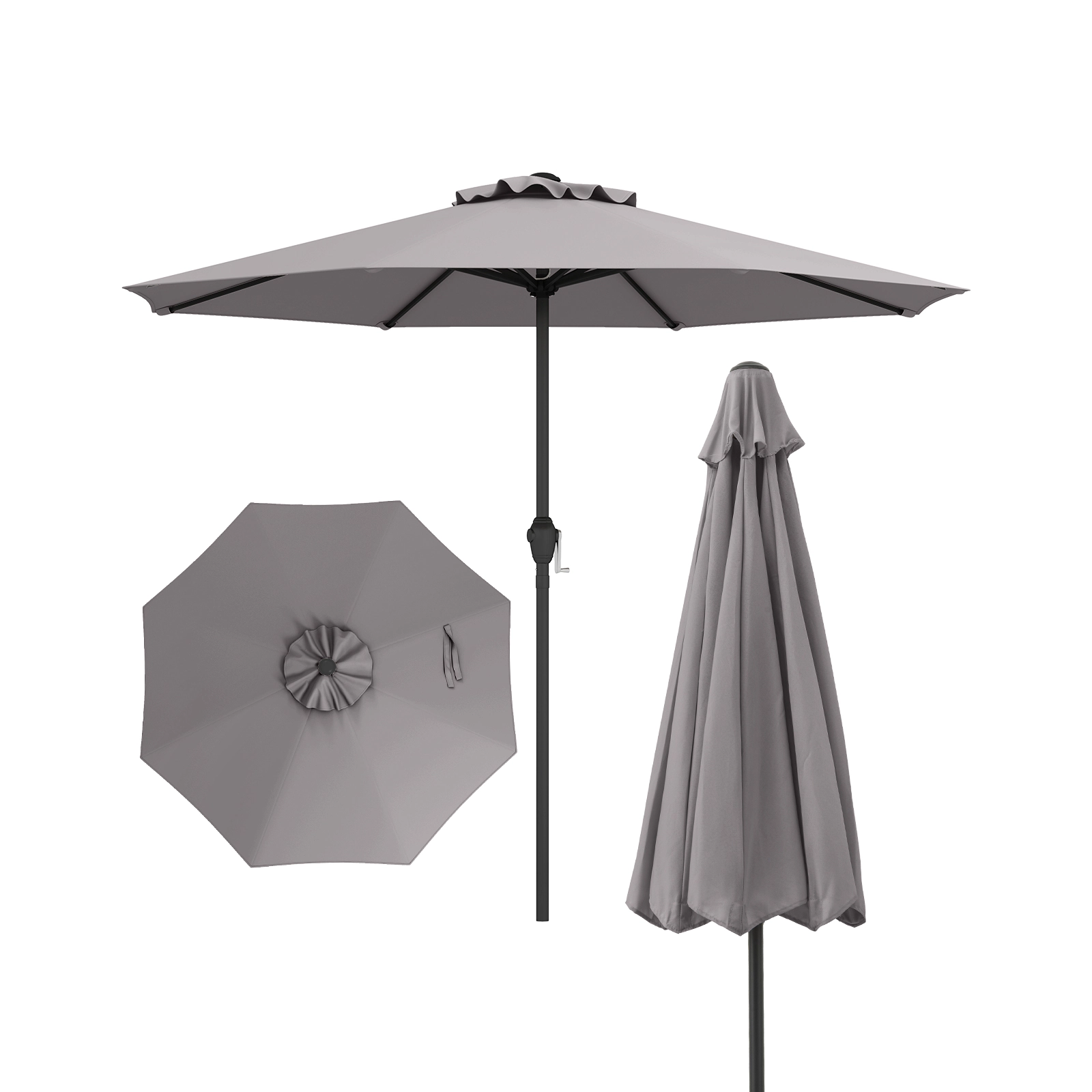 SUGIFT Powder-Coated Heavy Duty Market Patio Umbrella with Crank Handle and 8 Metal Ribs 9.5-lb Net Weight Gray
