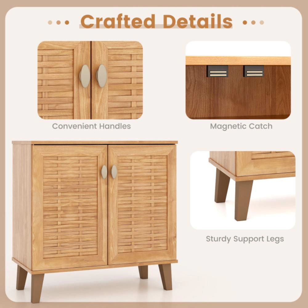 Hivvago 2-Door 4-Tier Shoe Cabinet Storage Organizer with Ventilated Woven Doors-Teak