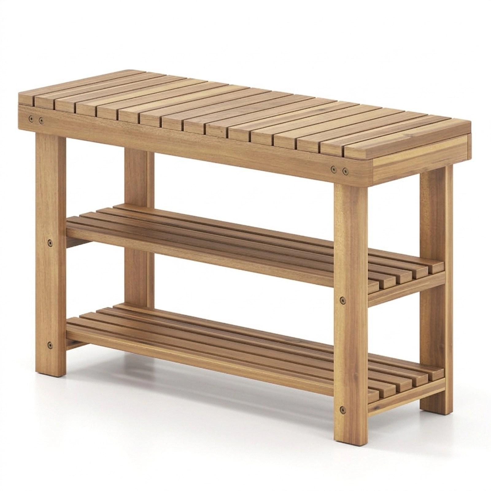 SUGIFT Slatted Shelves Natural 3-Tier Solid Teak Wood Shoe Rack Bench