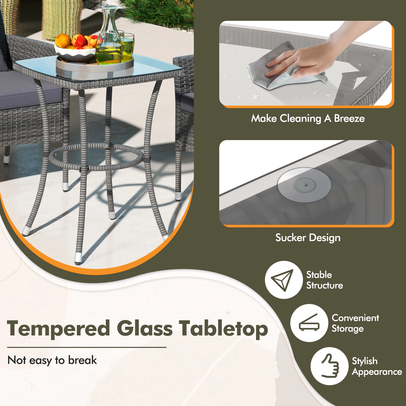 SUGIFT PE Rattan Patio Conversation Set with Cushioned Chairs and Tempered Glass Table 400-lb Chair Capacity Mix Gray