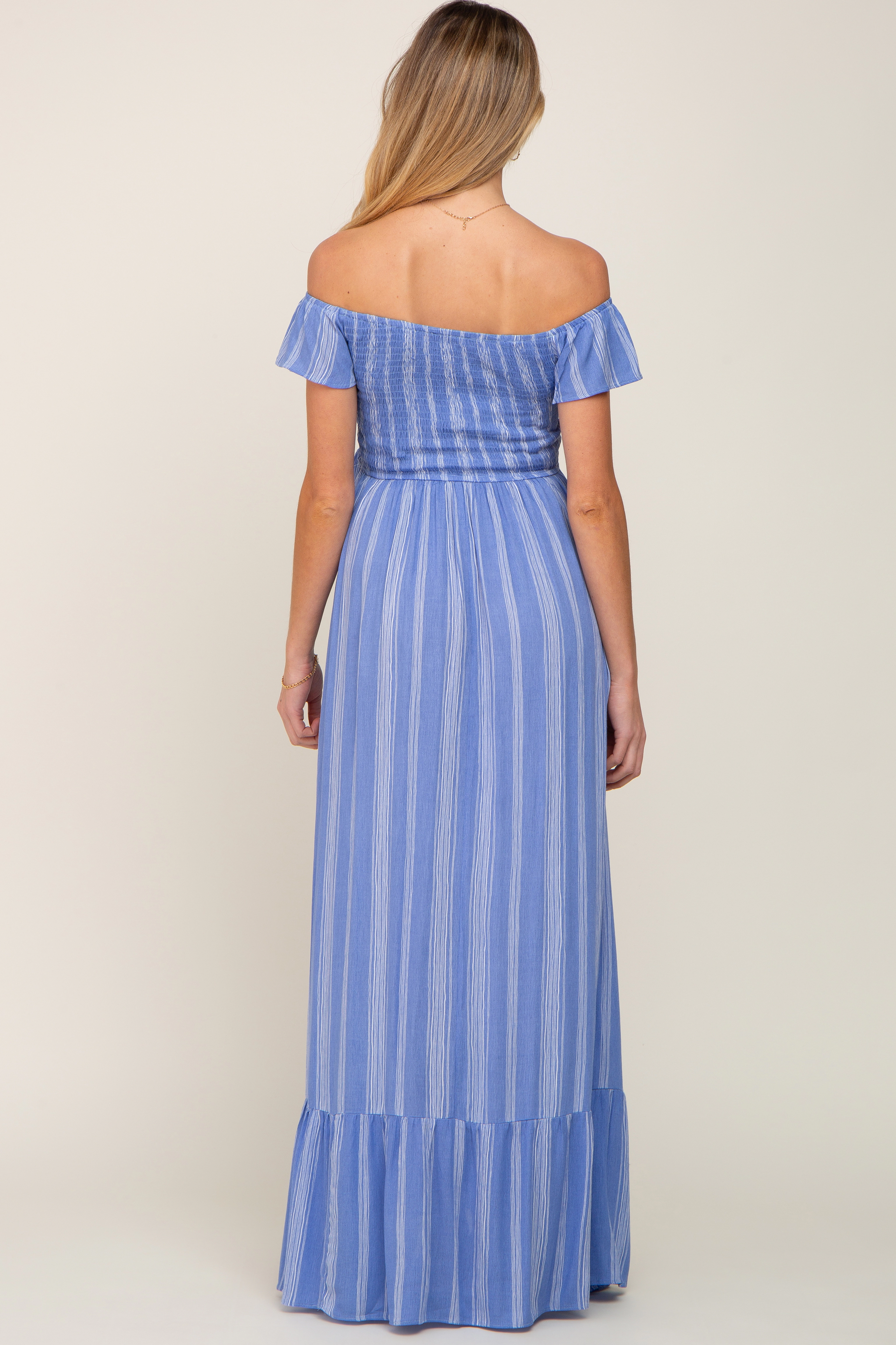 PinkBlush Womens Blue Striped Off Shoulder Front Tie Maternity Maxi Dress