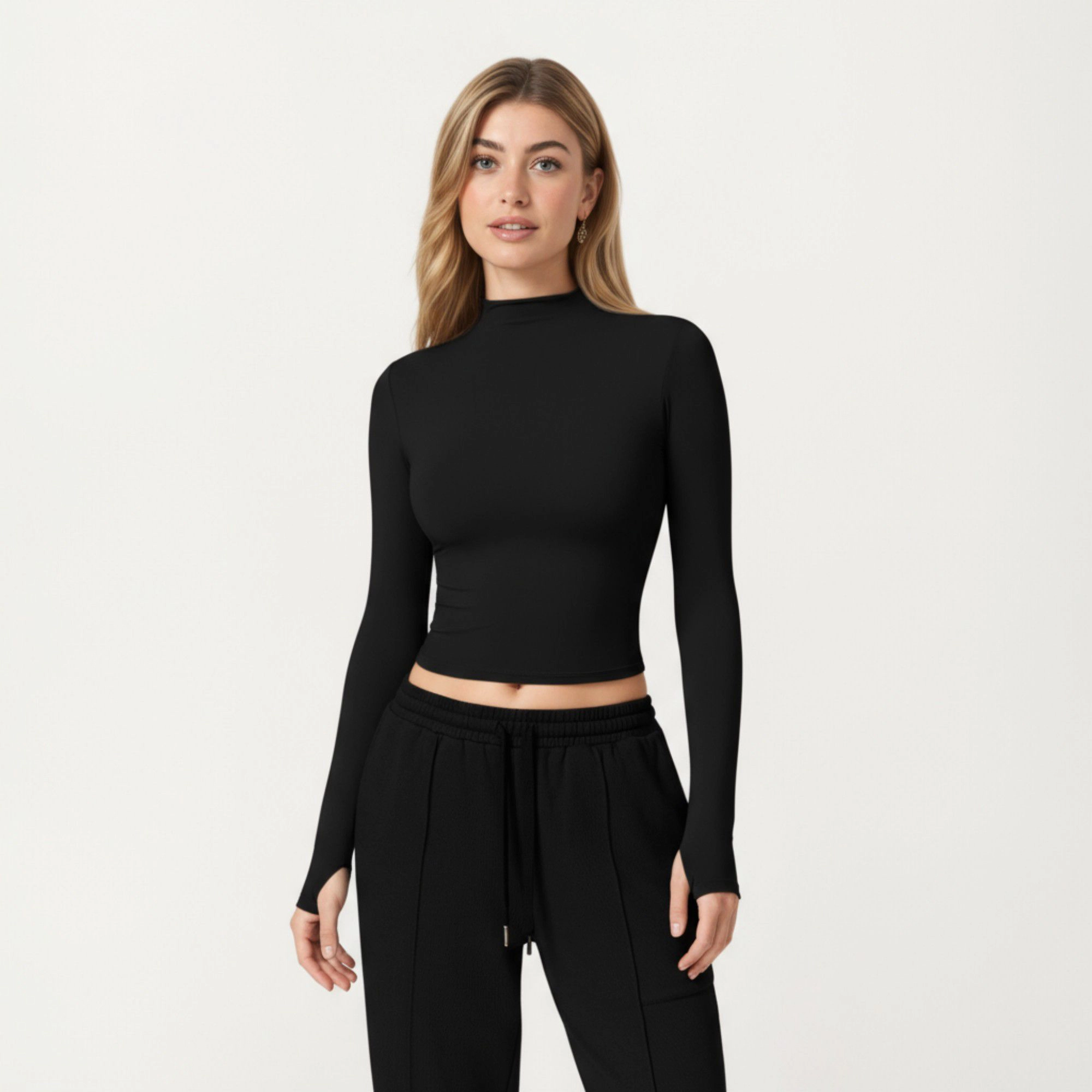 Anna-Kaci Women's High-Neck Cropped Long-Sleeve Top with Soft Textured Fabric