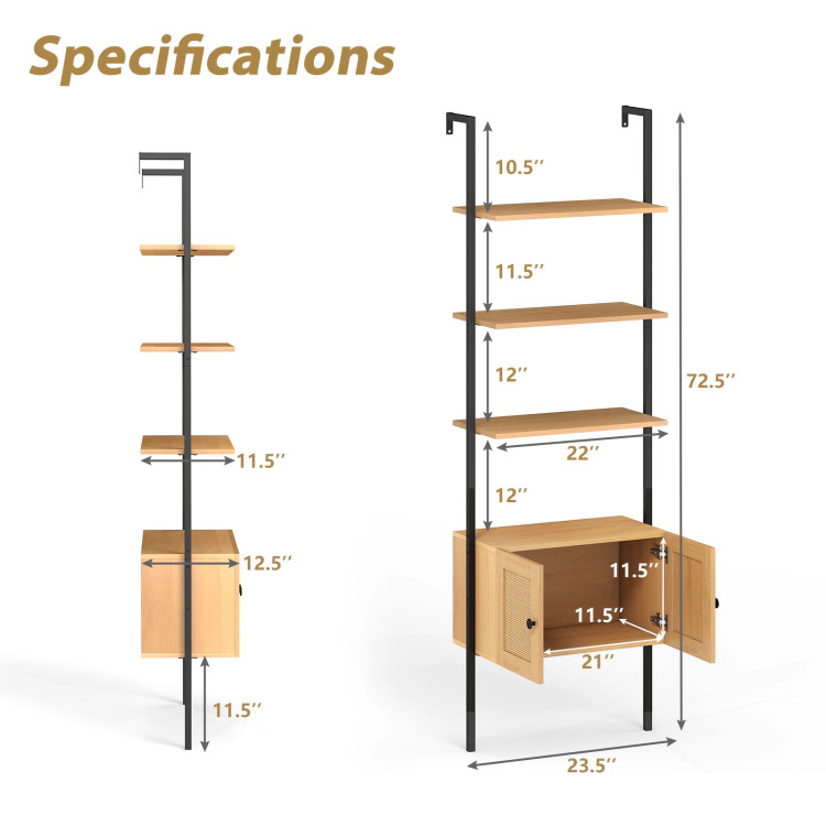 Hivvago 5-Tier Ladder Bookcase with Rattan Cabinet and Metal Frame