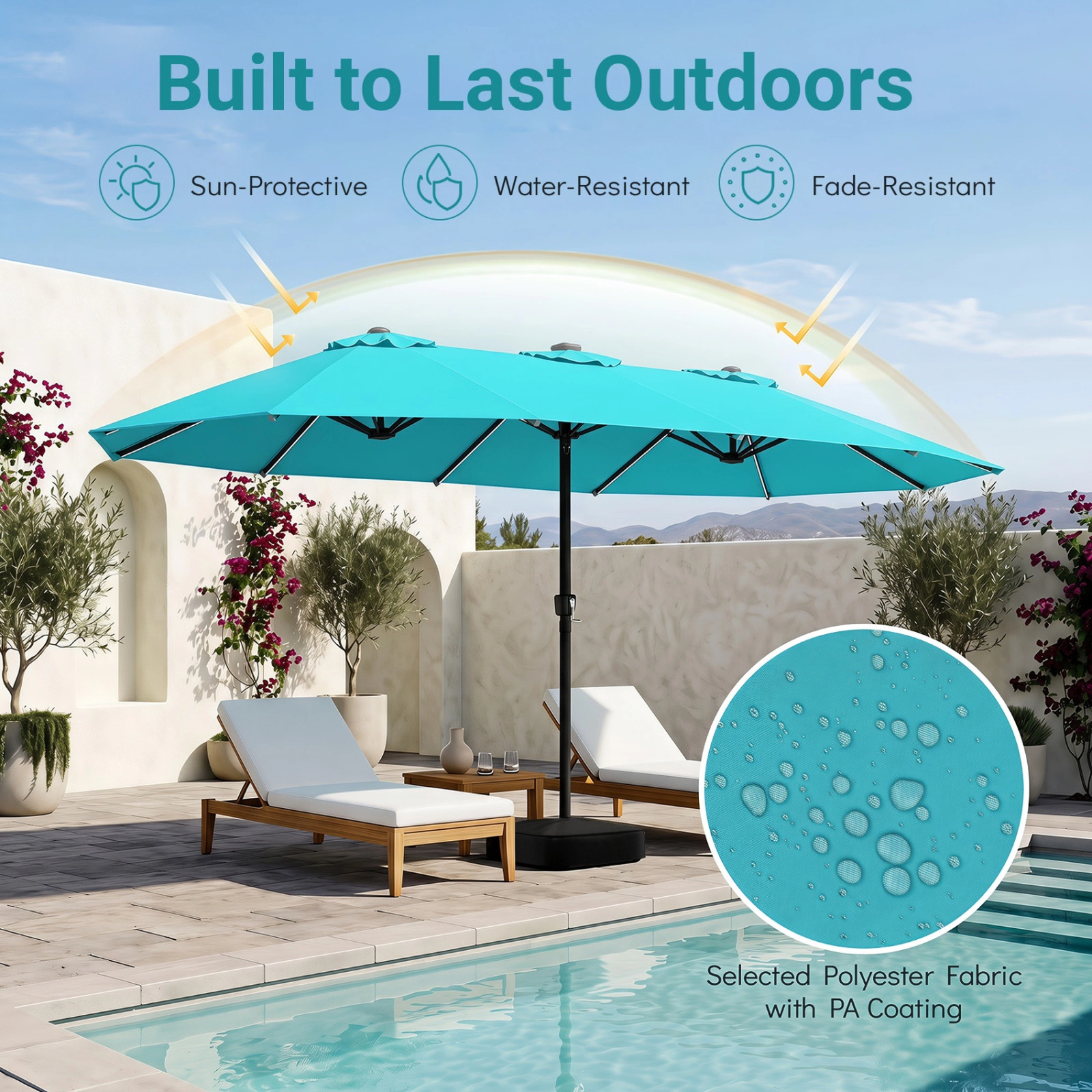 SUGIFT Extra-Large 15.5-ft Patio Umbrella with LED Lights and Base 12 Reinforced Ribs Turquoise