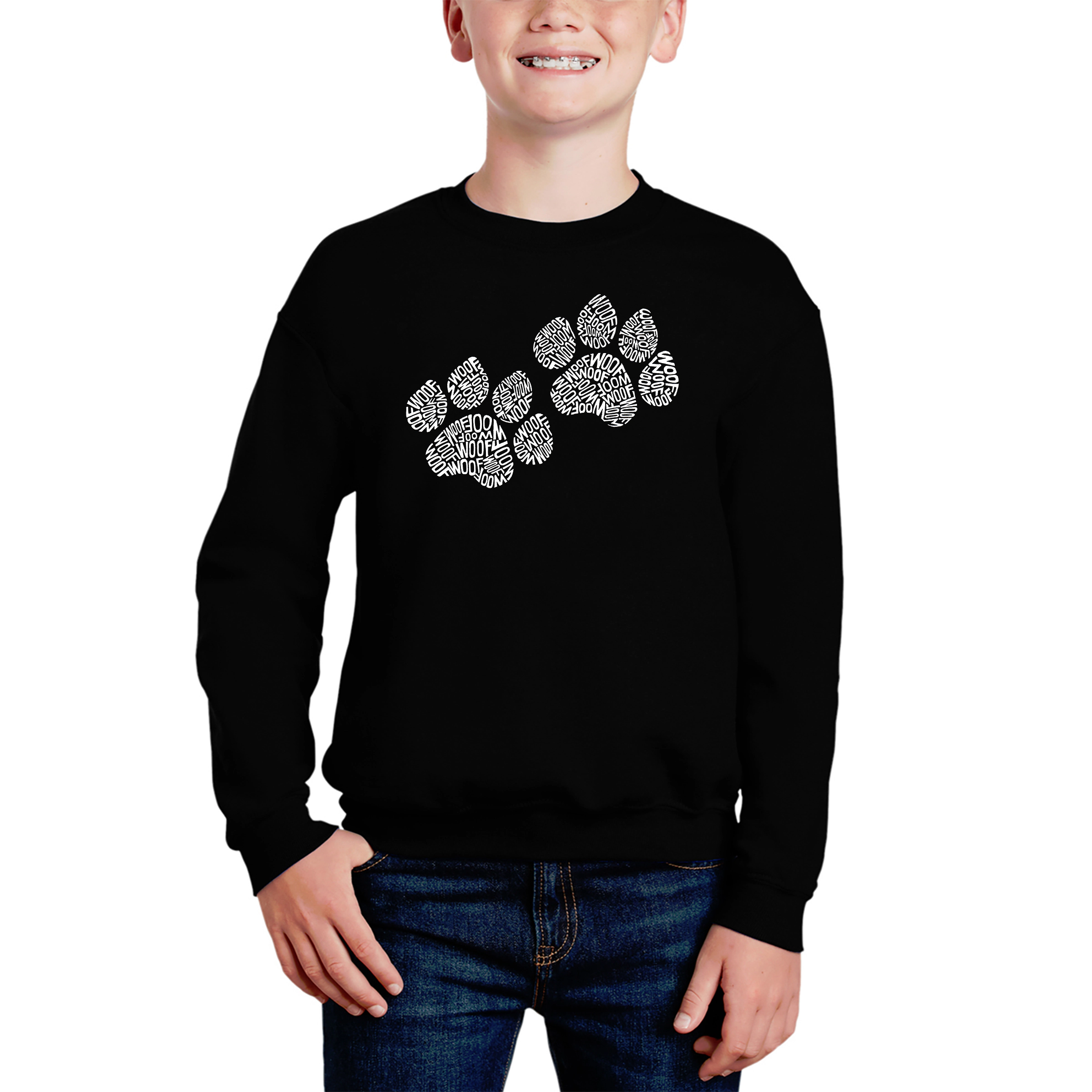 LA Pop Art Boy's Word Sweatshirt - Woof Paw Prints