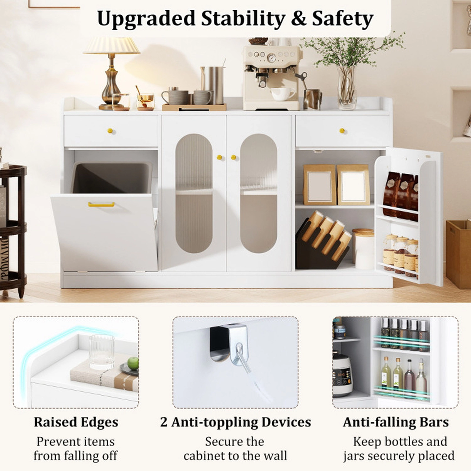 SUGIFT 55-in Hidden Trash Bin Cabinet 2 Fluted Glass Doors 2 Drawers Buffet Sideboard 13.5-in D 110-lb Capacity White