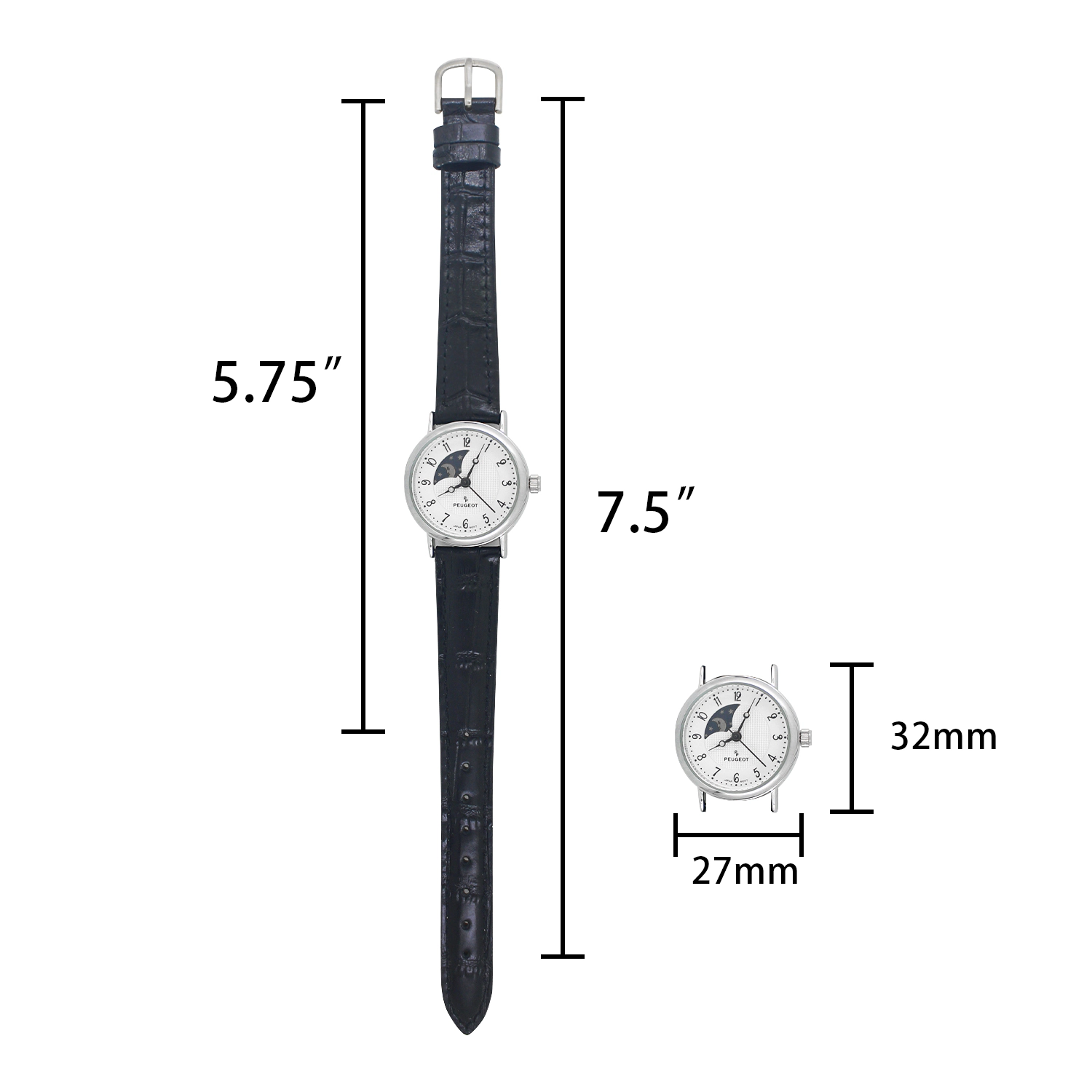 Peugeot Women's 26mm Sun-Moon Phase Silver Watch with Black Leather Strap