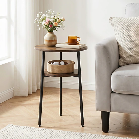 SUGIFT 2-Tier Round End Table, Rustic Brown with Open Shelf and Black ...
