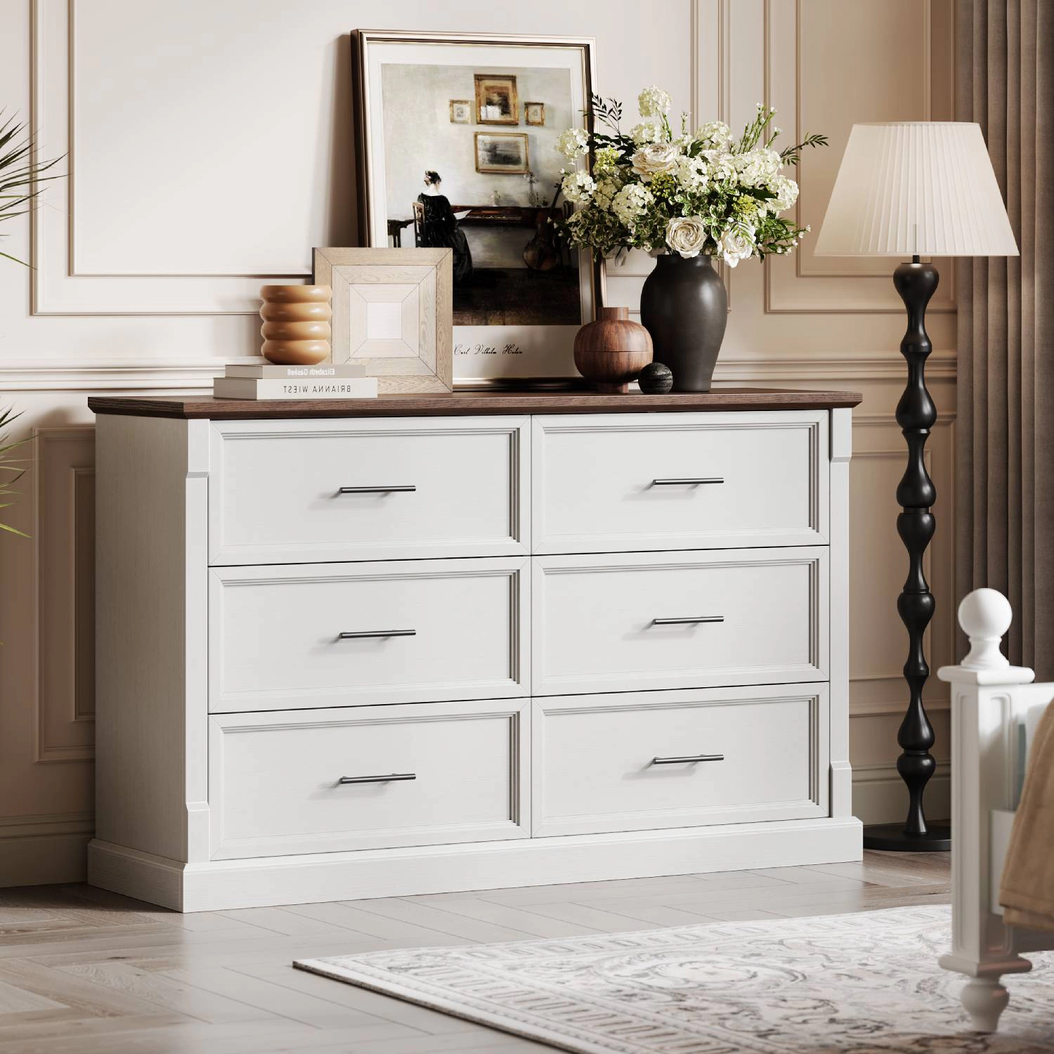 Farmhouse 6 Drawer Dresser for Bedroom, Rustic Wood Chest with Metal Handles, Large Organizer
