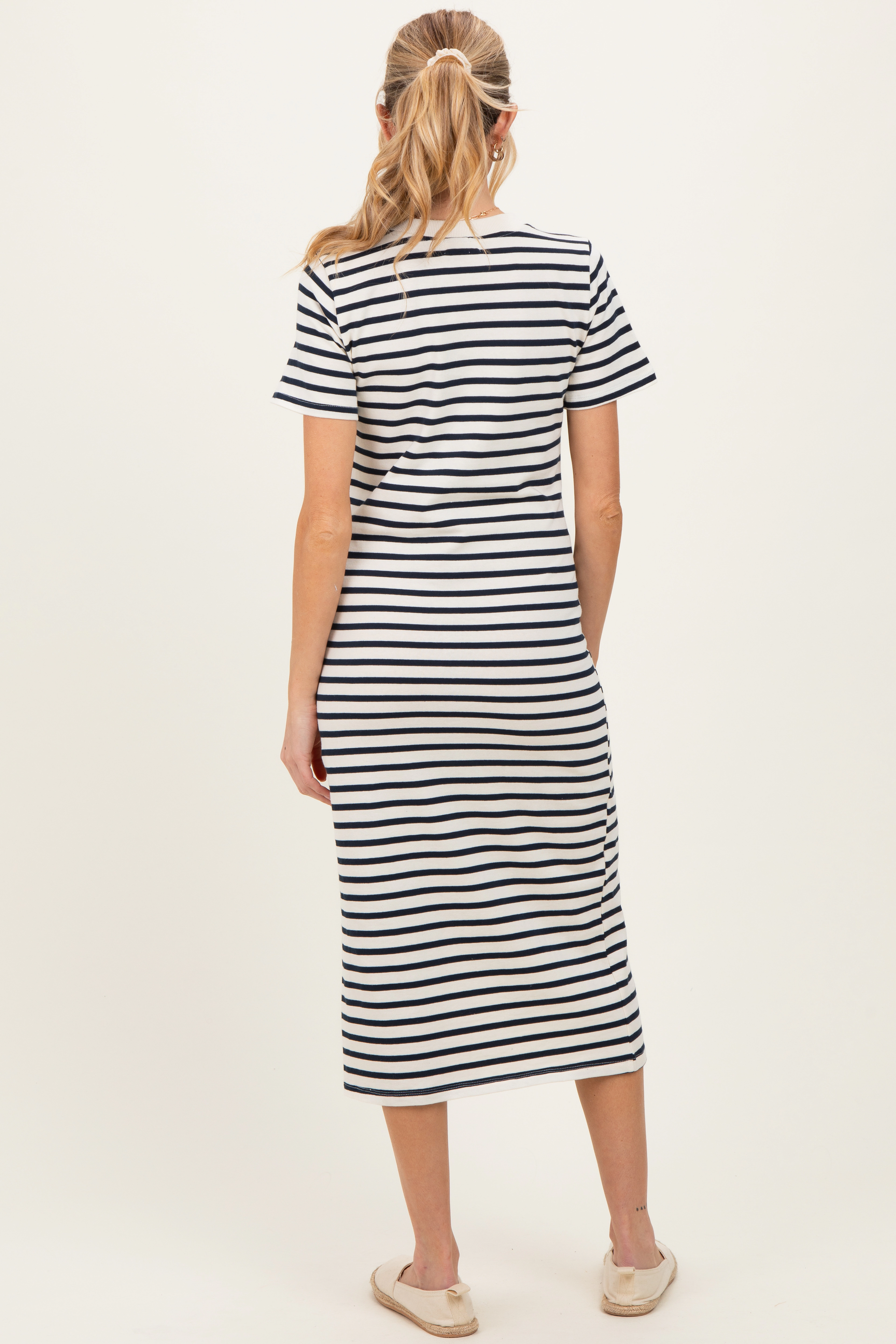 PinkBlush Womens Navy Striped Short Sleeve Maternity Midi Dress