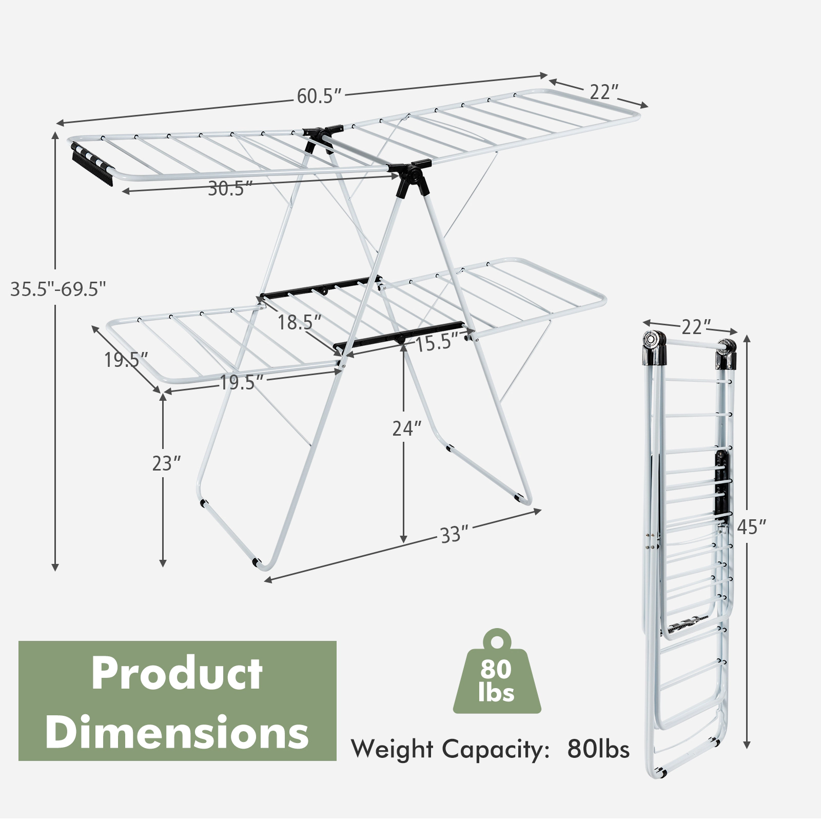 SUGIFT 2-Tier Foldable Clothes Drying Rack White with Adjustable Gullwing Arms