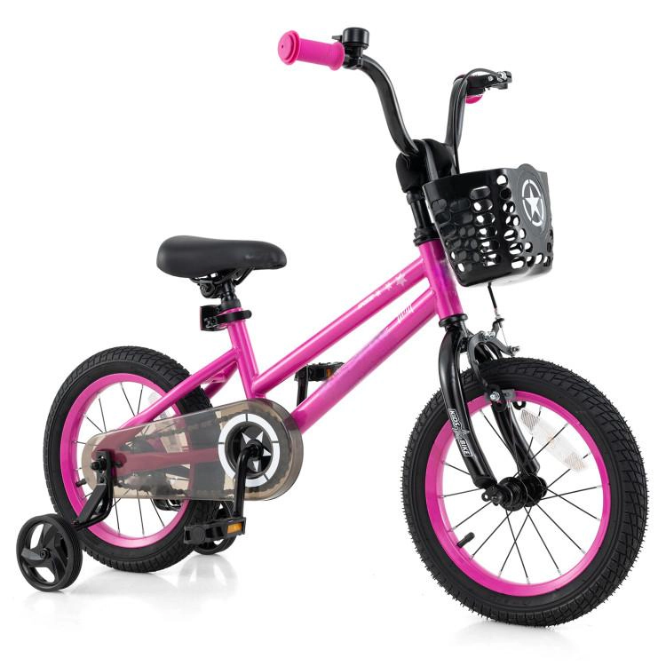SUGIFT Pink Front Basket Training Wheels and Quick Release Seat Kids 14 Inch Bike