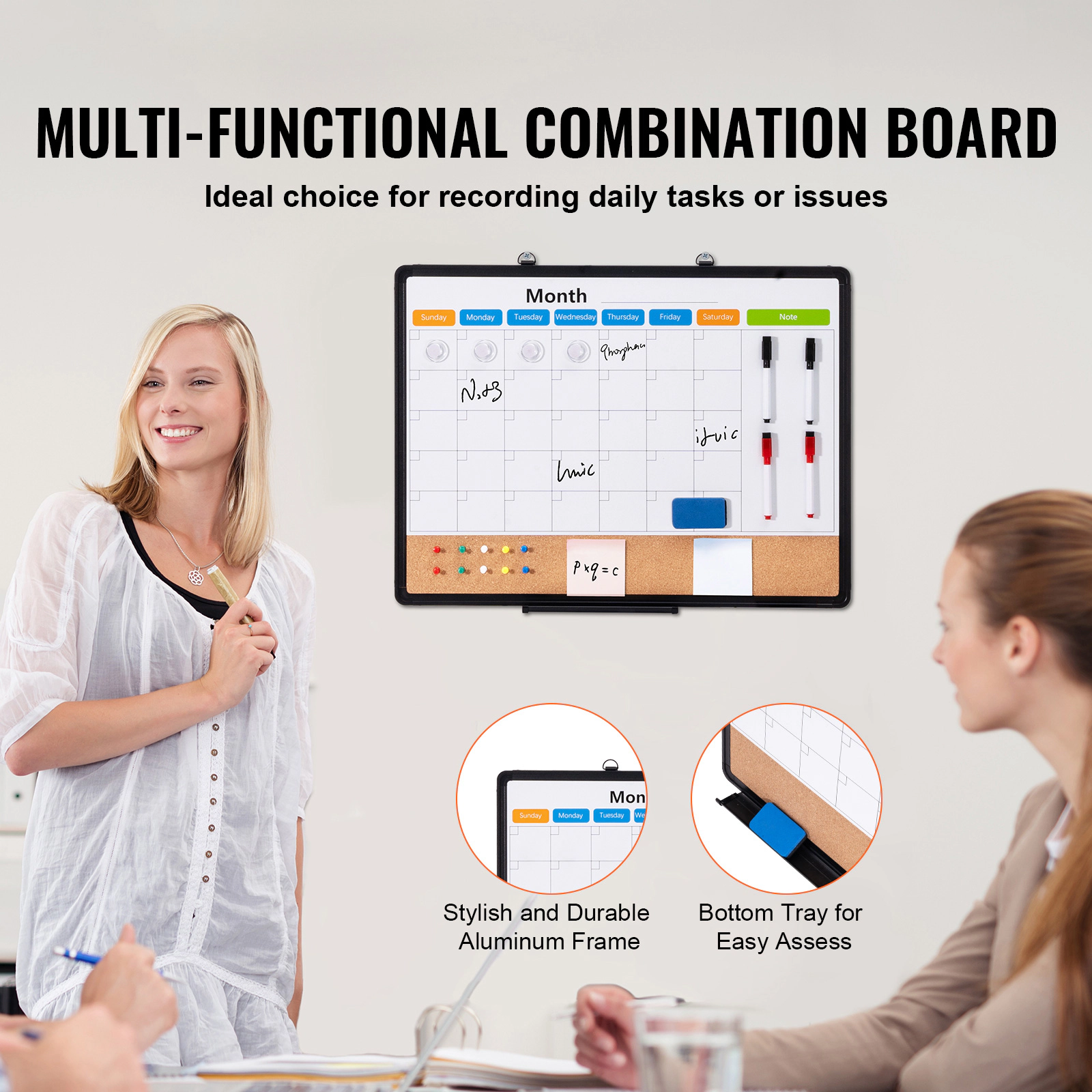 HONGGE Whiteboard & Cork Board Combo with Aluminum Frame – 2-in-1 Magnetic Dry Erase Bulletin Board for Wall Mount –