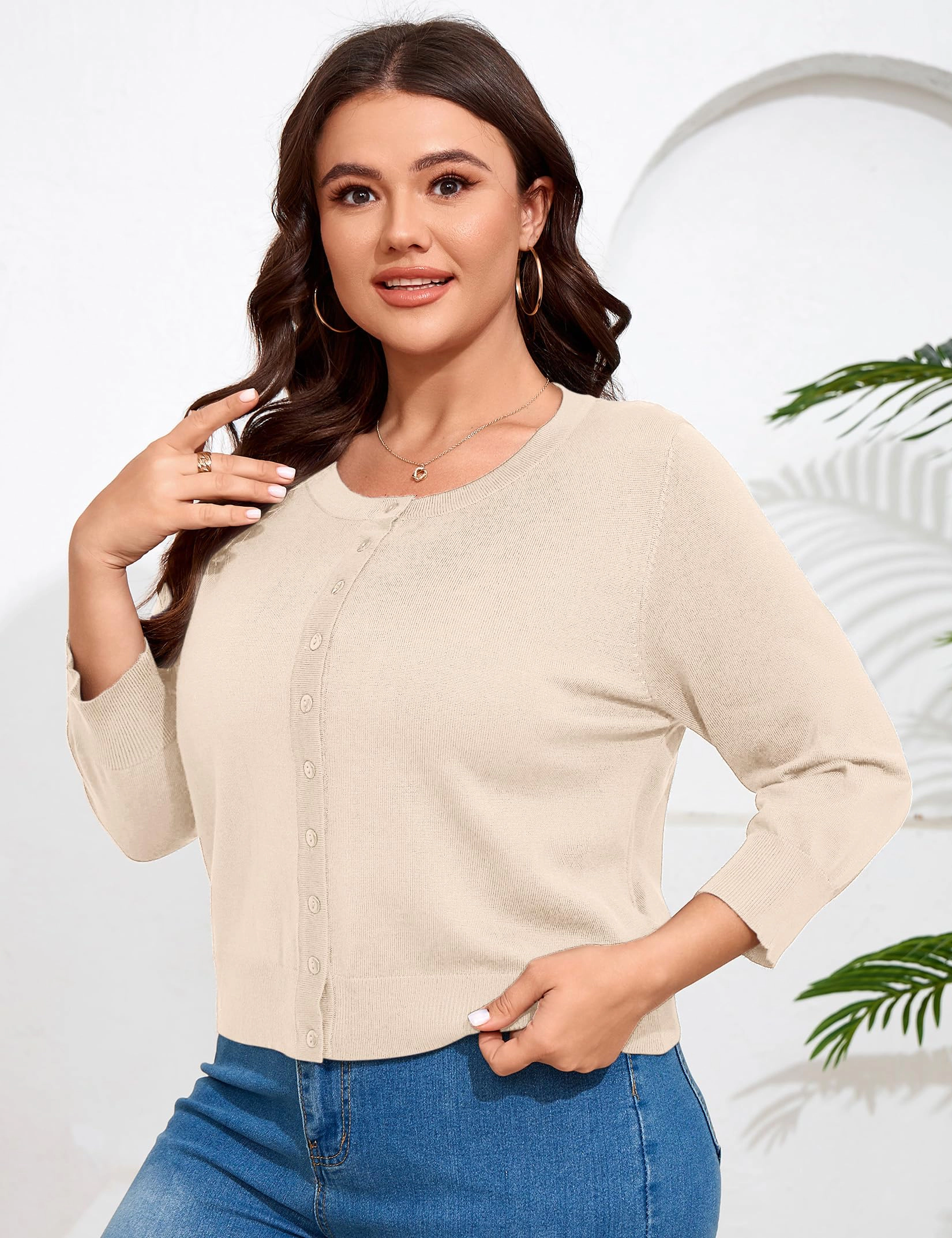 KOJOOIN Women Plus Cardigan 3/4 Sleeve Crew Neck Bolero Button Down Sweaters Knit Shrugs