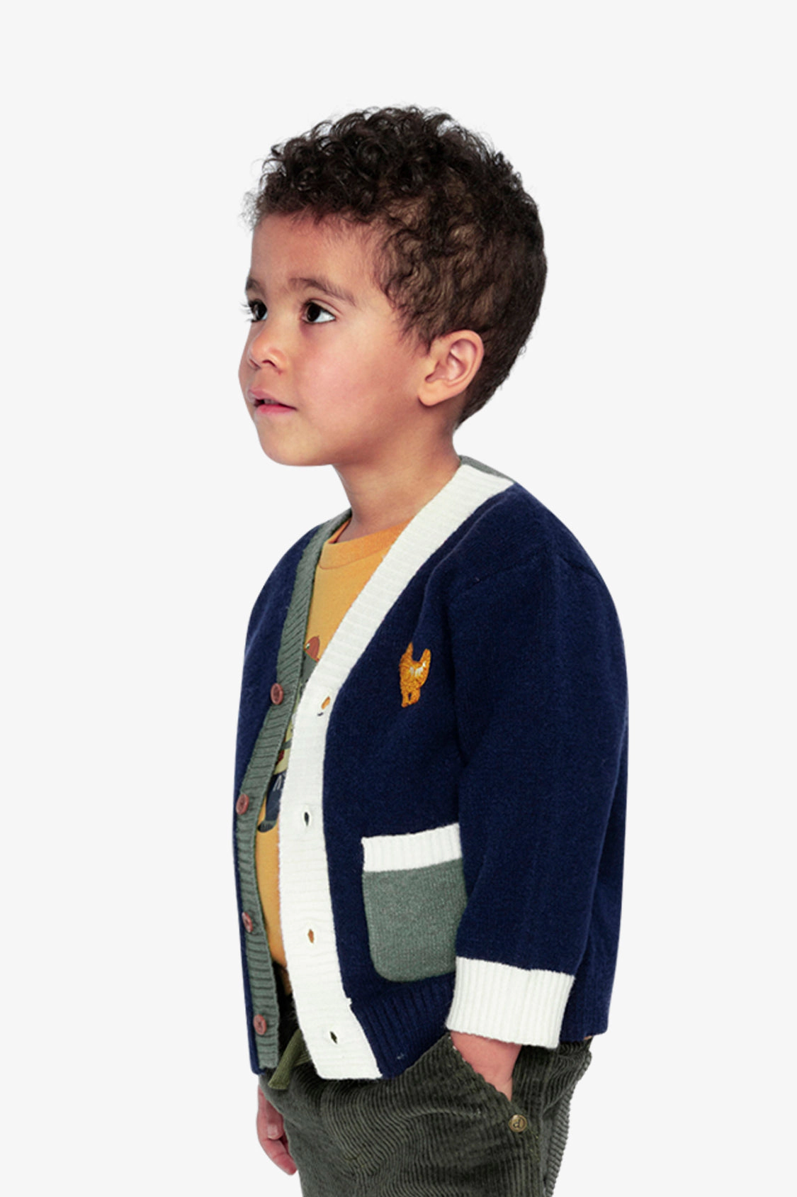 Deux par Boys Button Front Knit Cardigan with Dino Embroidery and Colorblock Pockets