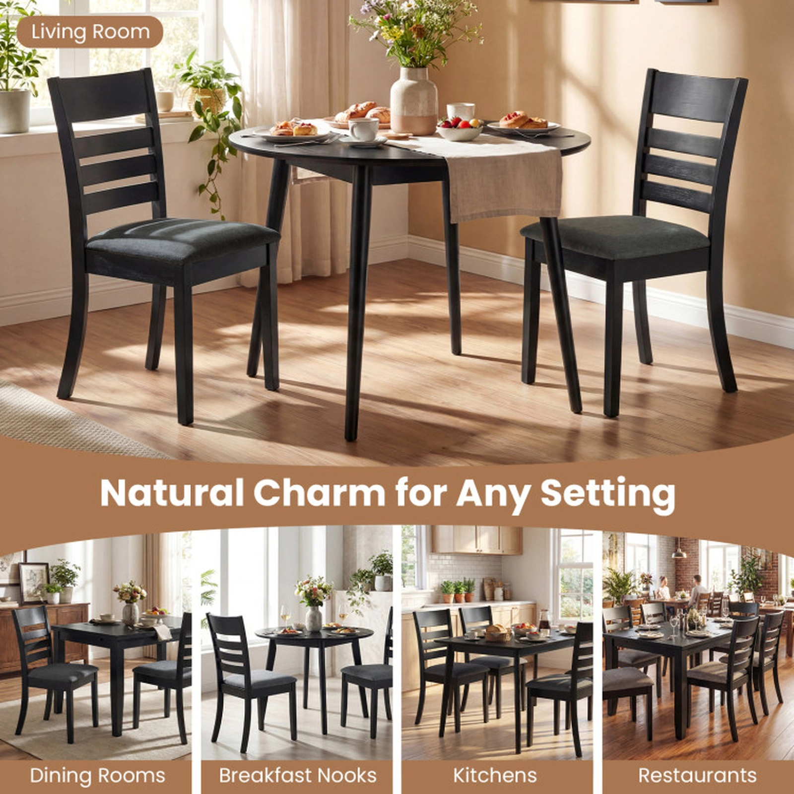 SUGIFT Set of 4 High Back Wooden Dining Chairs Upholstered Kitchen Chairs 346-lb Capacity Black Frame Dark Gray Seat