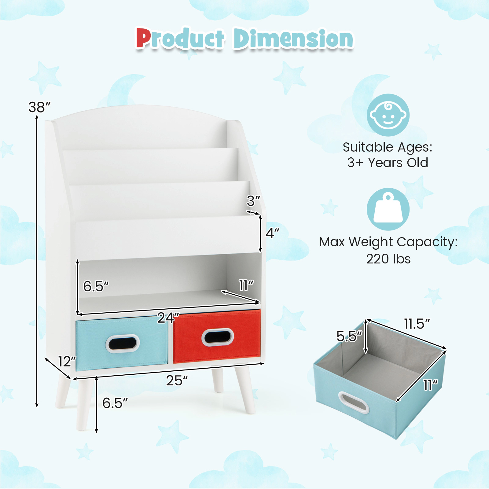 SUGIFT White 220-lb Capacity 3-Tier Kids Bookshelf with Open Compartment and 2 Foldable Fabric Drawers