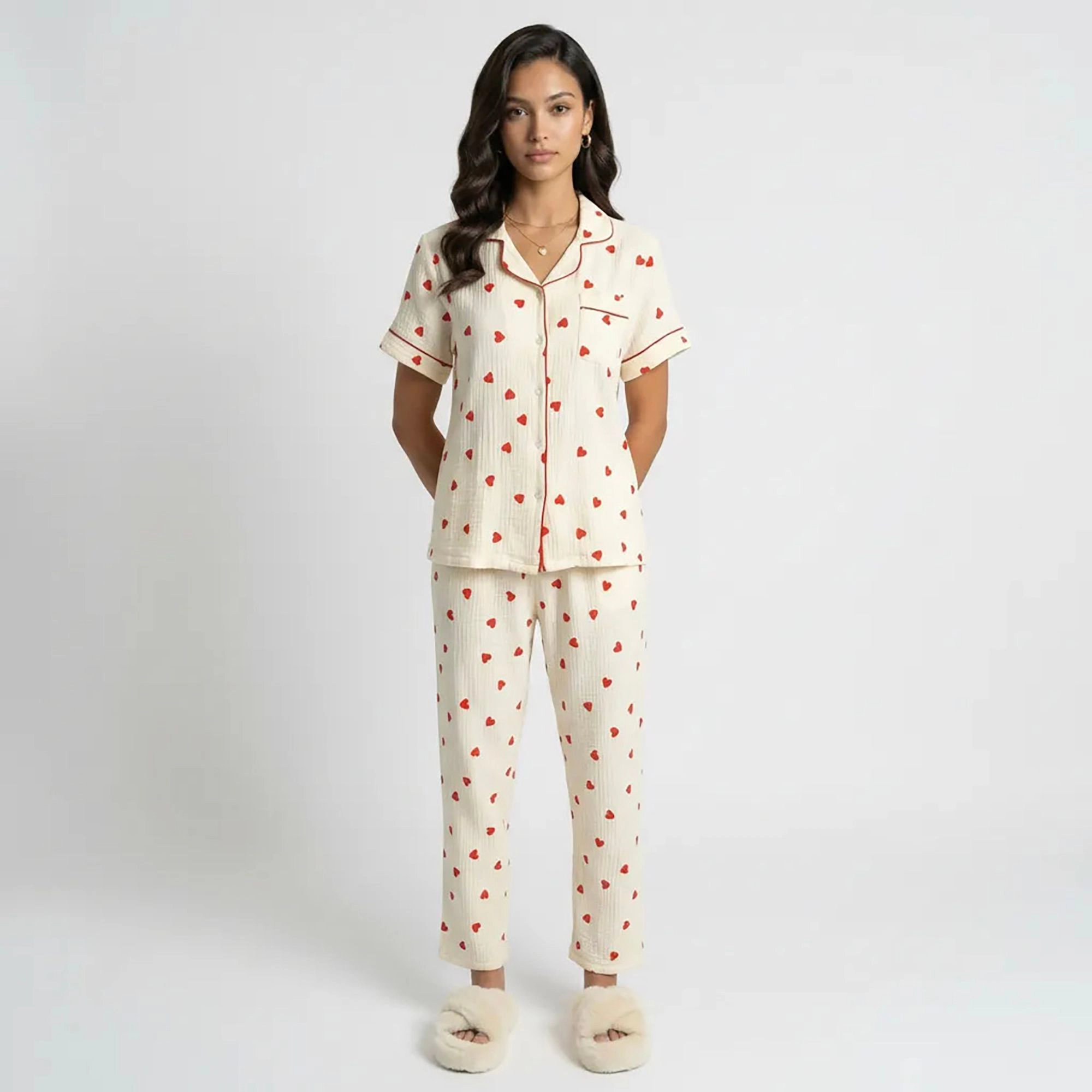 Anna-Kaci Women's Heart Print Valentine Pajama Set with Short Sleeve Button Up Top and Relaxed Fit Elastic Waist Pants