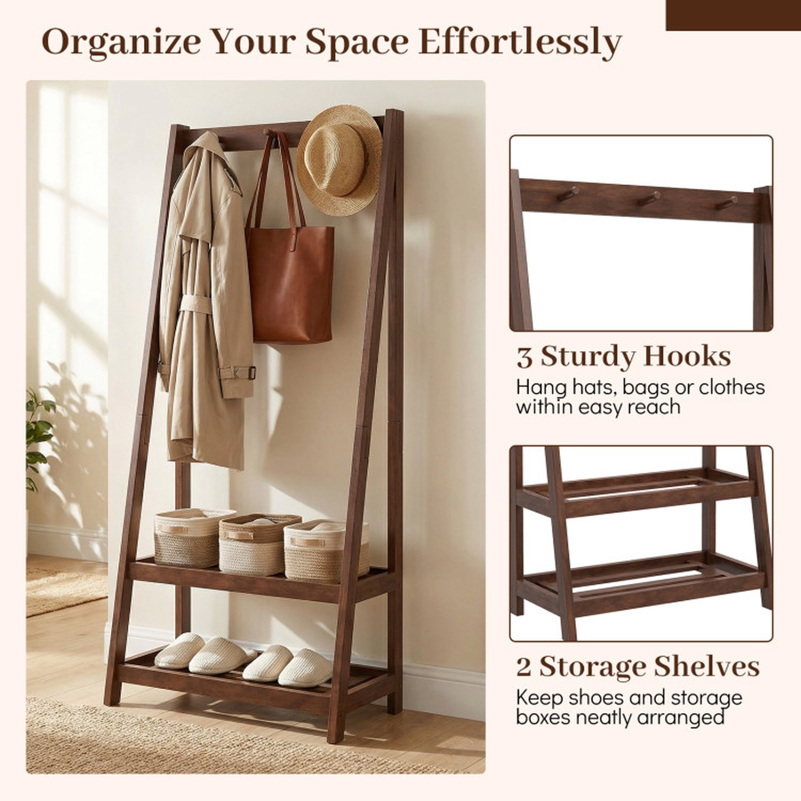 SUGIFT Walnut 55-in Tall Freestanding Solid Rubber Wood Clothes Rack with 3 Hooks and 2 Storage Shelves