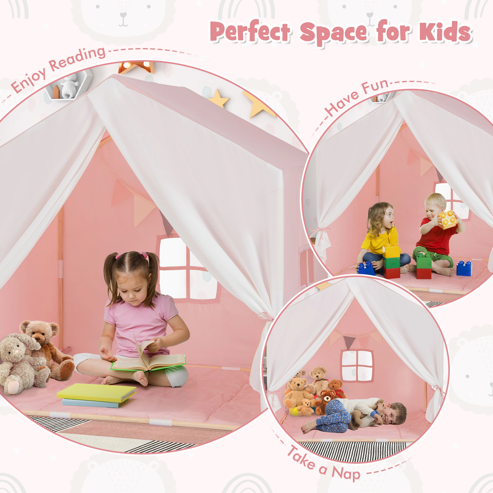 SUGIFT Kid's Play Tent with Washable Cotton Mat and Flag Banner 52-in Long Ages 3+ Pink Orange Bed Tent