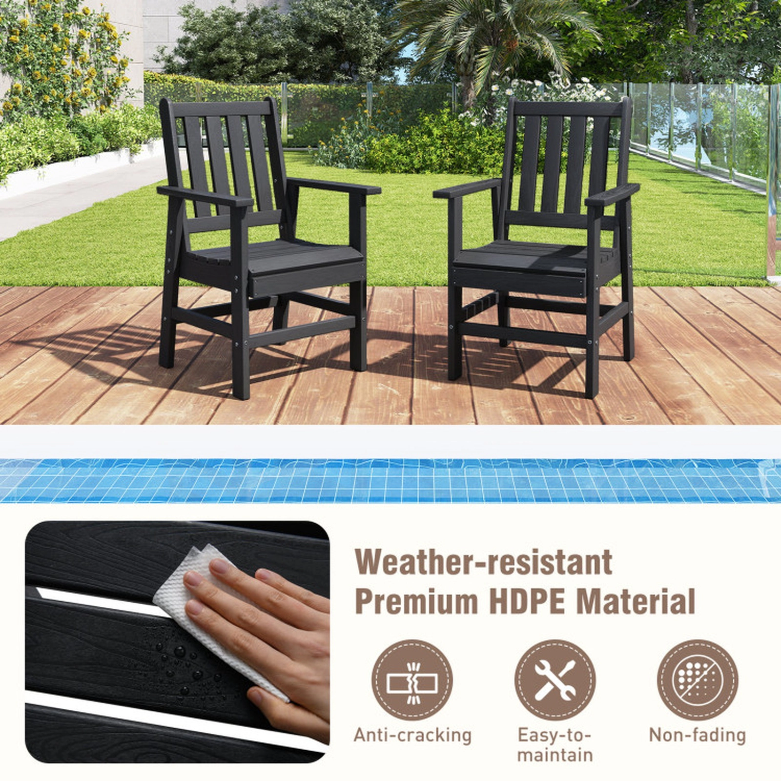 SUGIFT Set of 4 All Weather HDPE Slatted Armrests Patio Dining Chairs 24-in x 24-in x 37.5-in 330-lb Capacity Black
