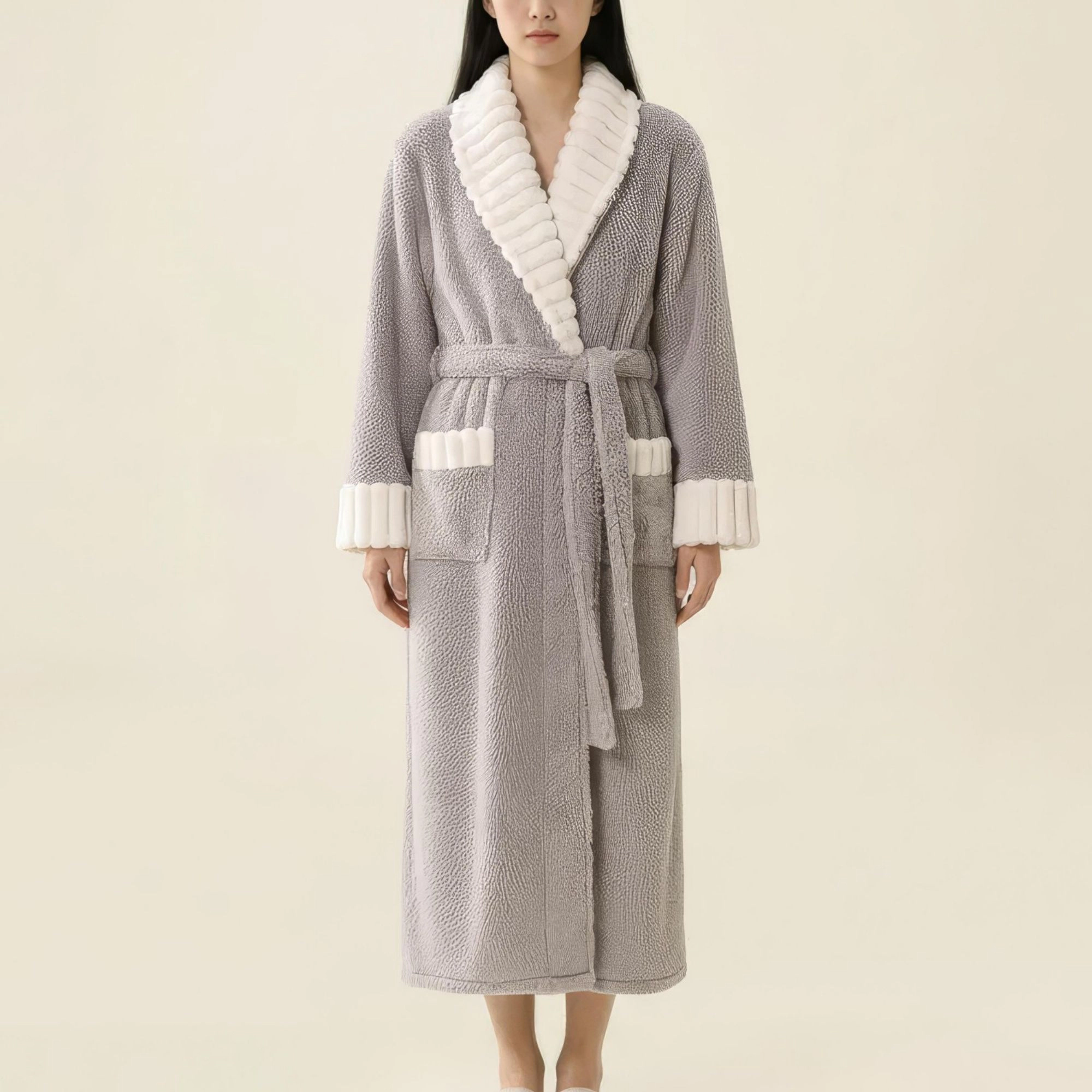 Anna-Kaci Women's Plush Long Robe with Contrast Trim Shawl Collar Tie Waist Belt Soft Warm Full Length Bathrobe