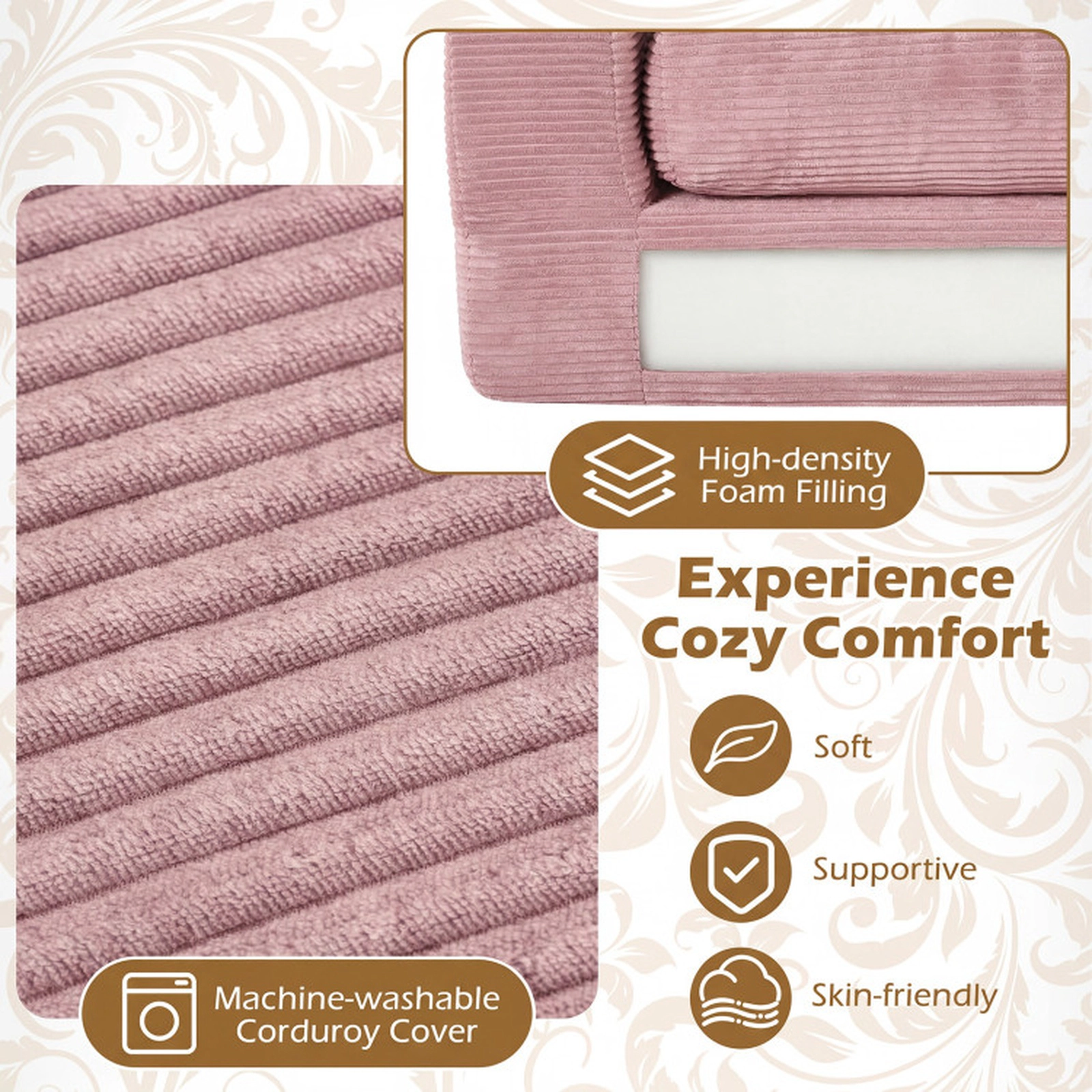 SUGIFT 2-Seater Floor Couch Loveseat Foam Sofa with Removable Corduroy Cover 660-lb Capacity 62-in Frame Pink