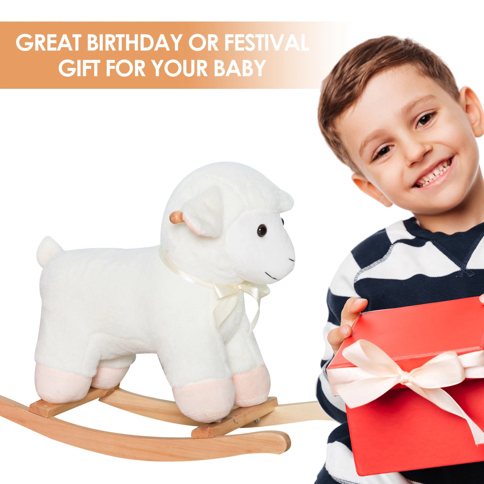 HONGGE White Plush Lamb Rocking Horse Ride-On Toy with Wooden Base for Toddlers 18 Months and Up