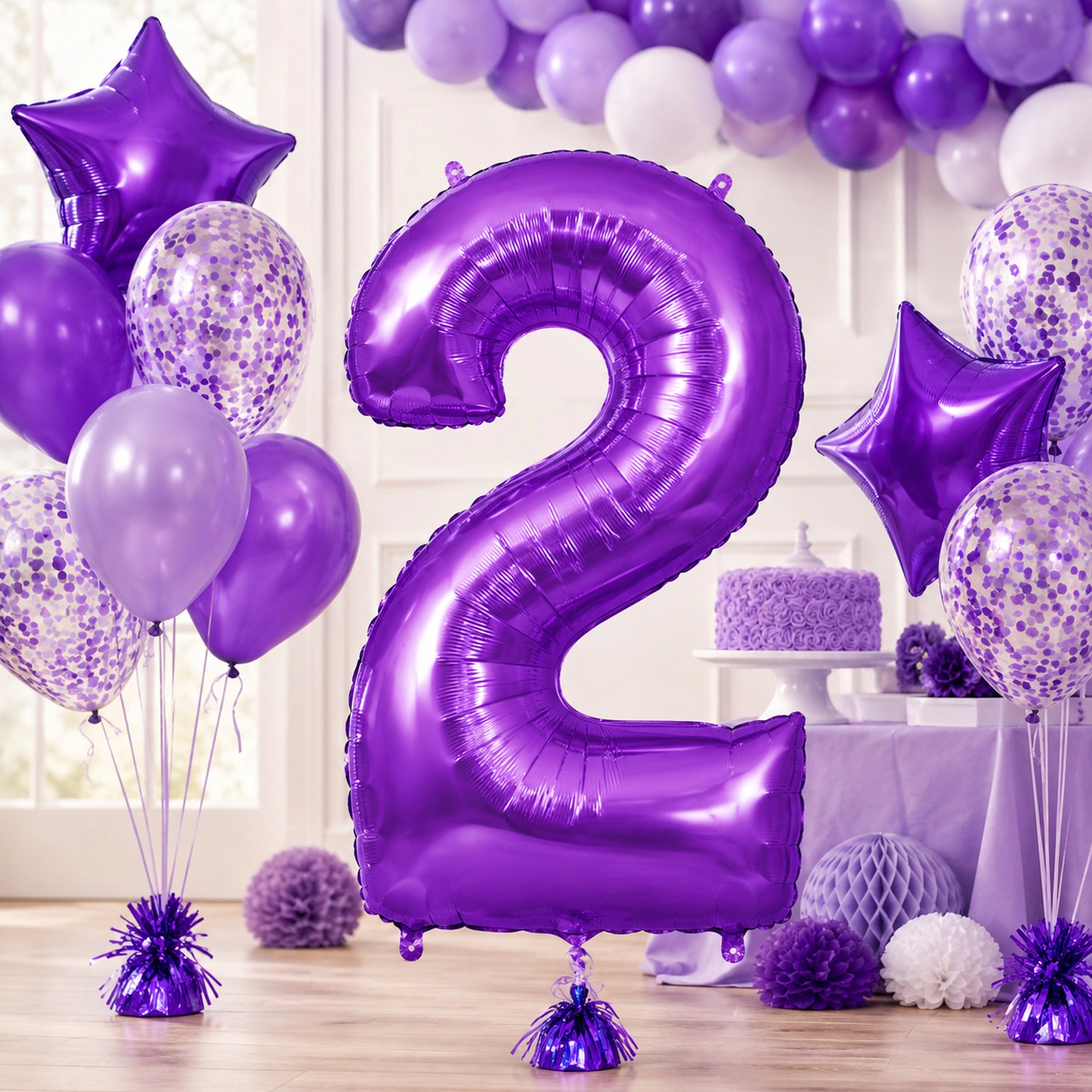 LoonBalloon Purple Number 2 Foil Balloon Set with 8 Purple and White Latex Balloons - 34 in Number 2 Party Decoration