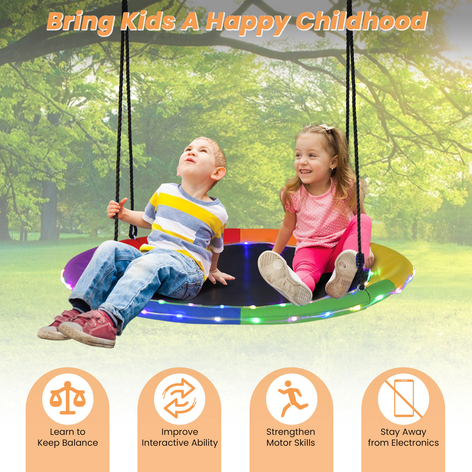 SUGIFT 40-in Round Saucer Tree Swing with LED Lights 660-lb Capacity Ages 3+ Multicolor Blue