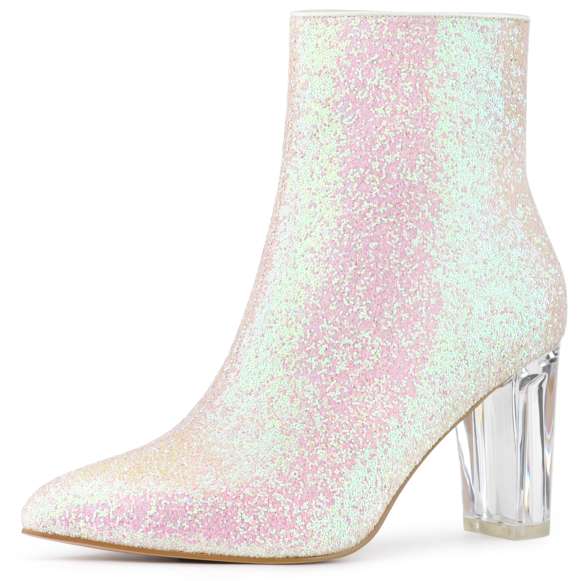 BLISSFUL STEP Women Clear Glitter Block Heel Ankle Boots Zip Closure Rubber
