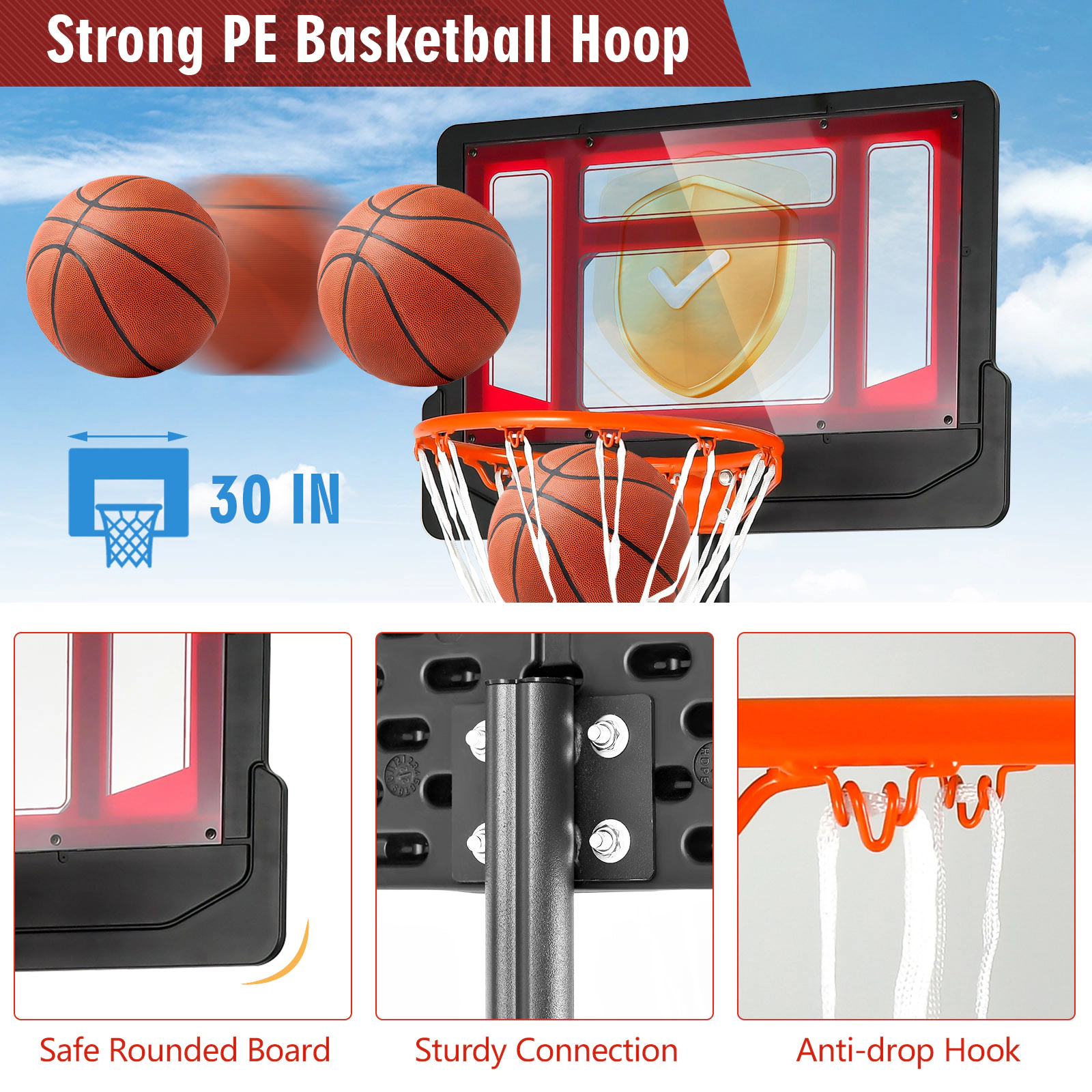 SUGIFT 4.3-8.2 ft Adjustable Portable Basketball Hoop with 30 x 19.5 in Backboard and Wheels Red Black Blue