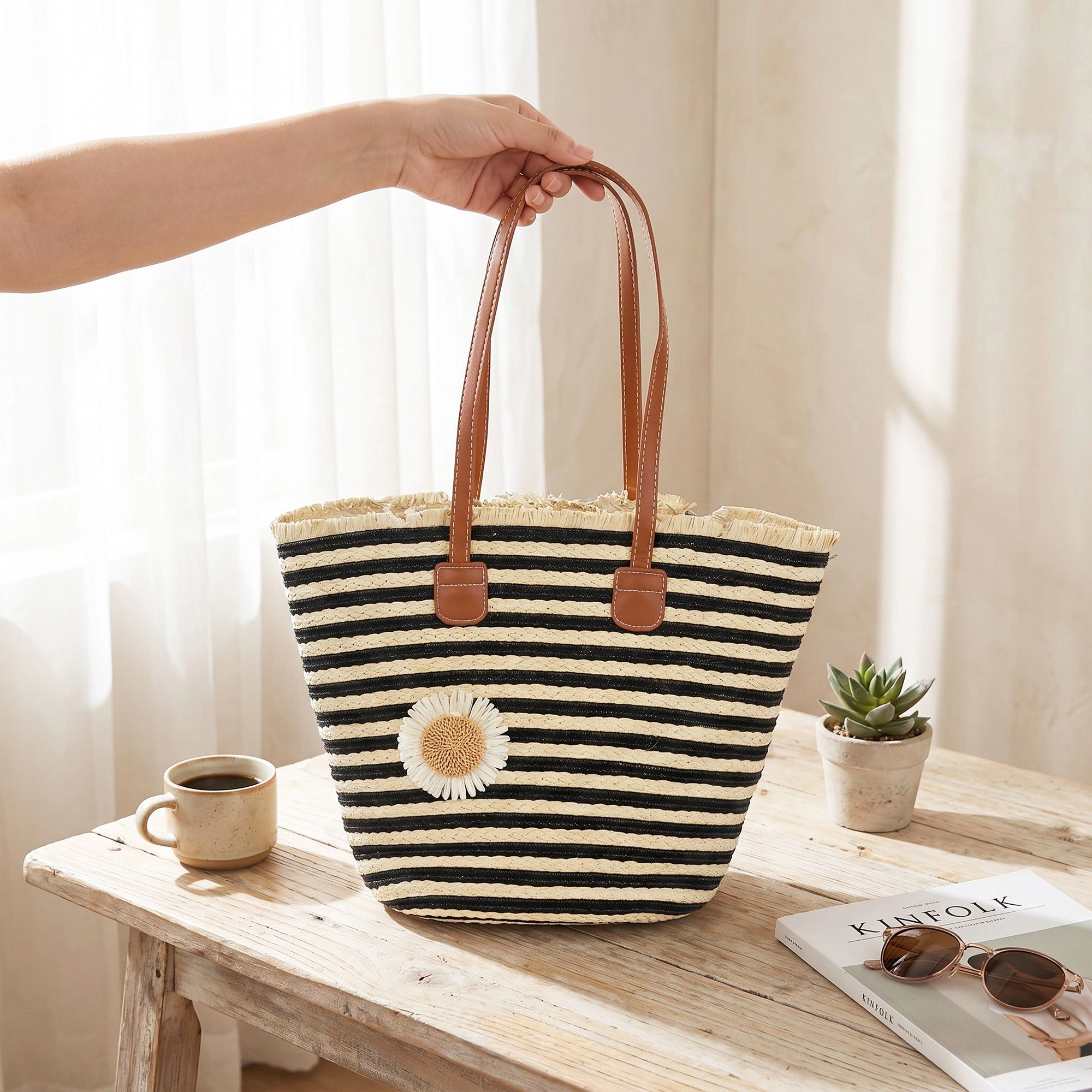 Alilang Women's Striped Woven Tote Bag with Dual Shoulder Straps Frayed Edge Trim and Floral Charm Detail