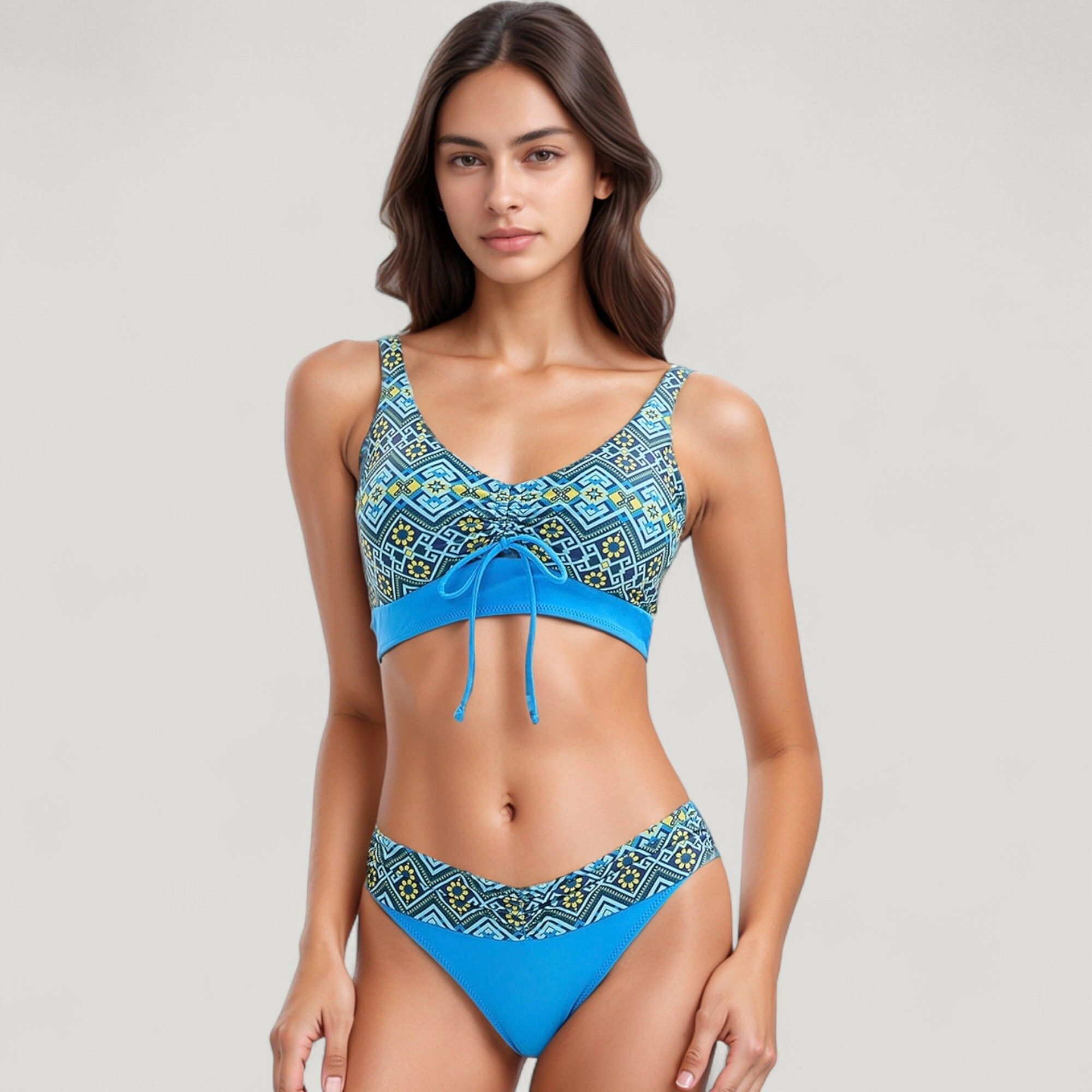 Anna-Kaci Women Printed Scoop Neck Bikini Set - Drawstring Crop Top and V-Cut Hipster Bottoms