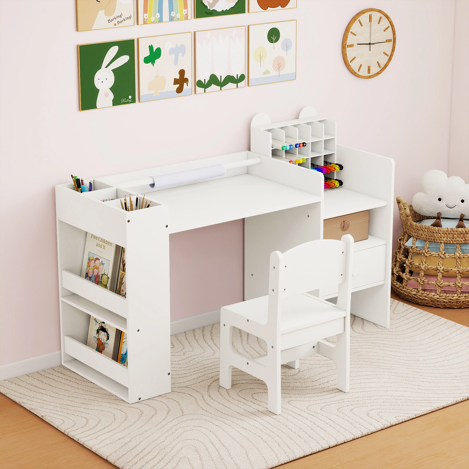 SUGIFT White Toddler Desk and Chair Set, 42.5-in Learning Station with Paper Roll, Cubby and Shelves