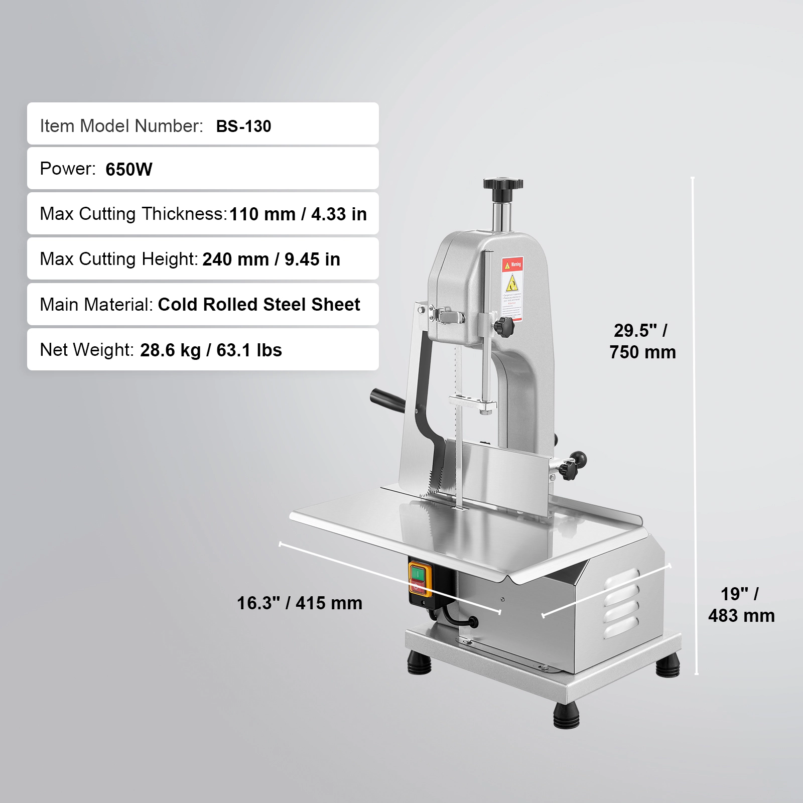 HONGGE Commercial Electric Meat Bandsaw, Stainless Steel Countertop Sawing Machine, Max Cutting Thickness