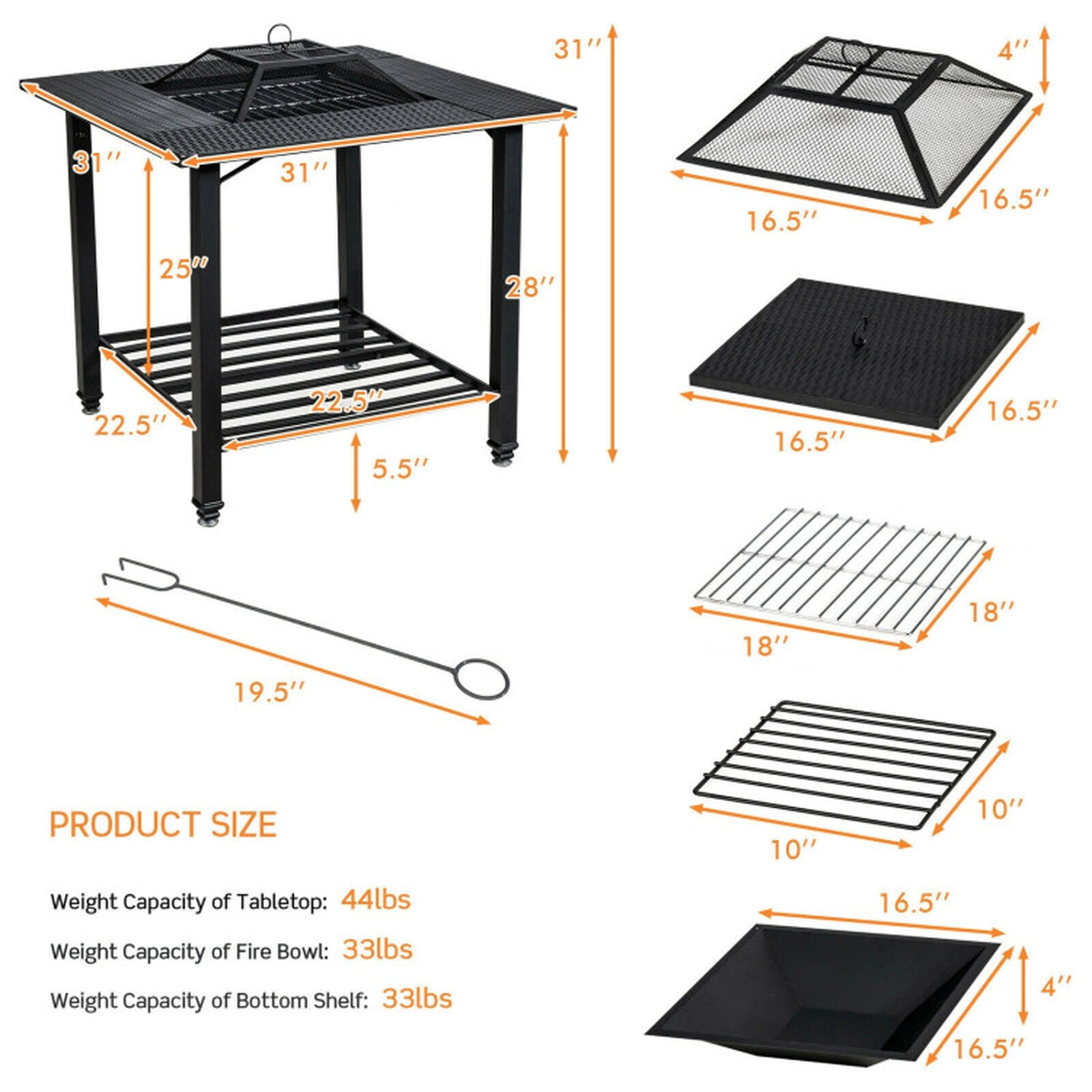 SUGIFT Square Black Fire Pit Dining Table with Grill Grate and Lid 31-in W 31-in D 31-in H 44-lb Tabletop Capacity
