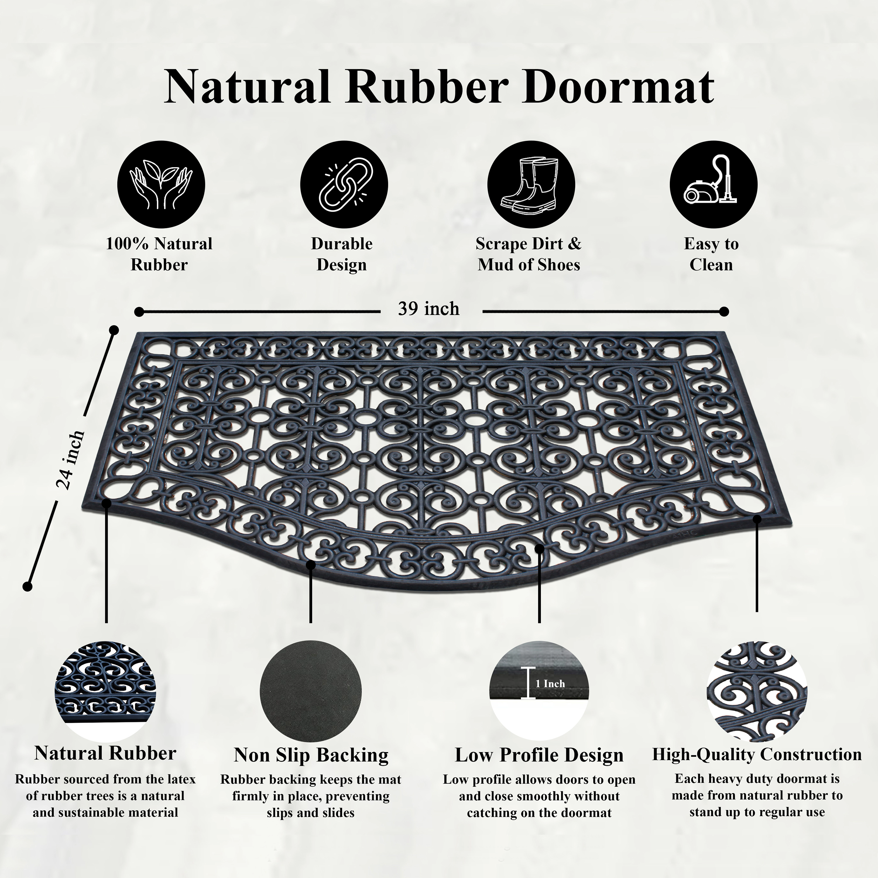 A1 Home Collection 12 lb Heavy Duty Rubber Doormat Non-Slip Outdoor Dirt Scraper Mat, Black Estate, 24 x 39 Inches