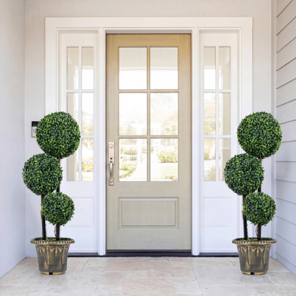 Slickblue Set of 2 Artificial Boxwood Topiary Tree 35in Triple Ball Black Gold Planter Indoor Outdoor