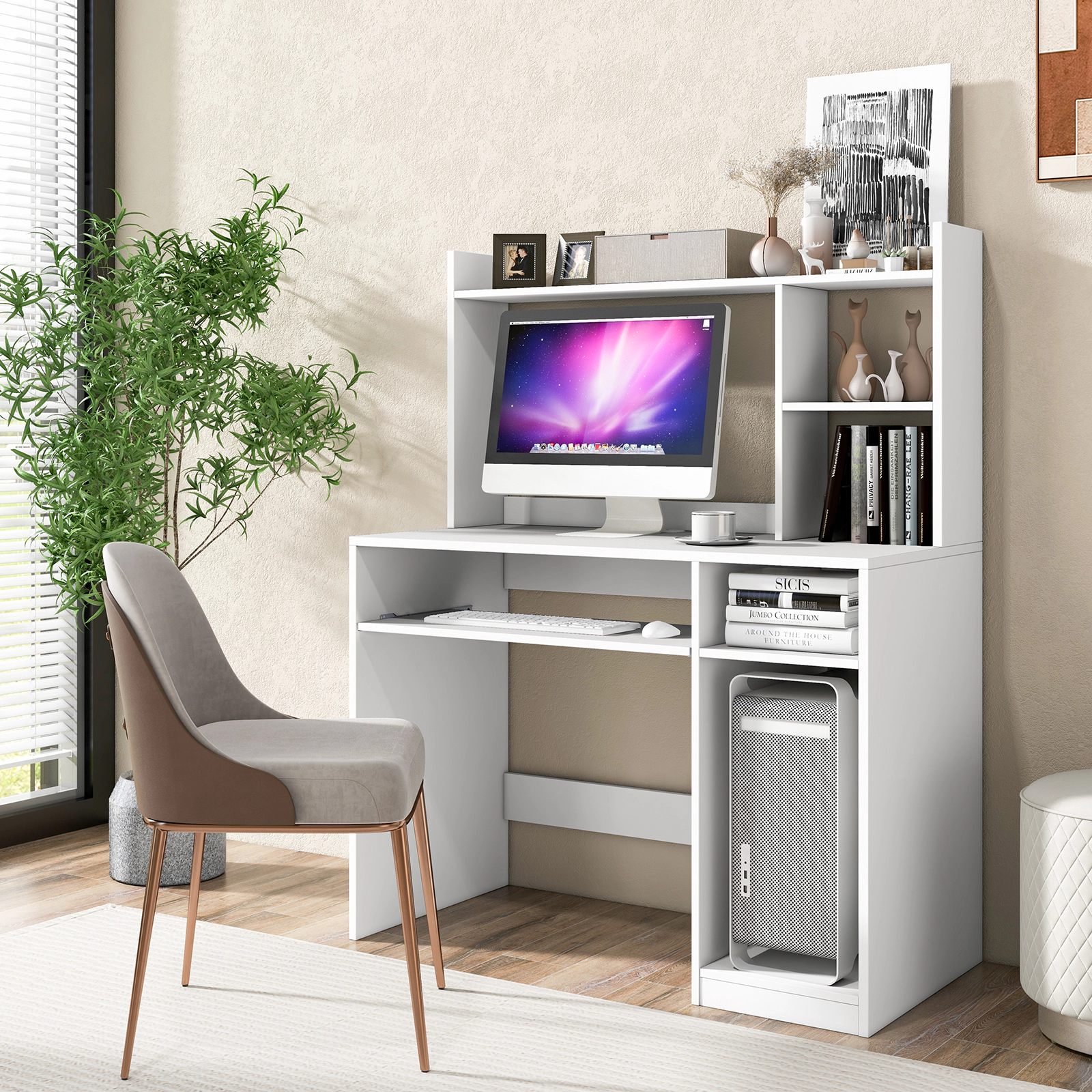 Costway Computer Desk Study Bookcase Workstation with Charging Station Hutch & CPU Stand