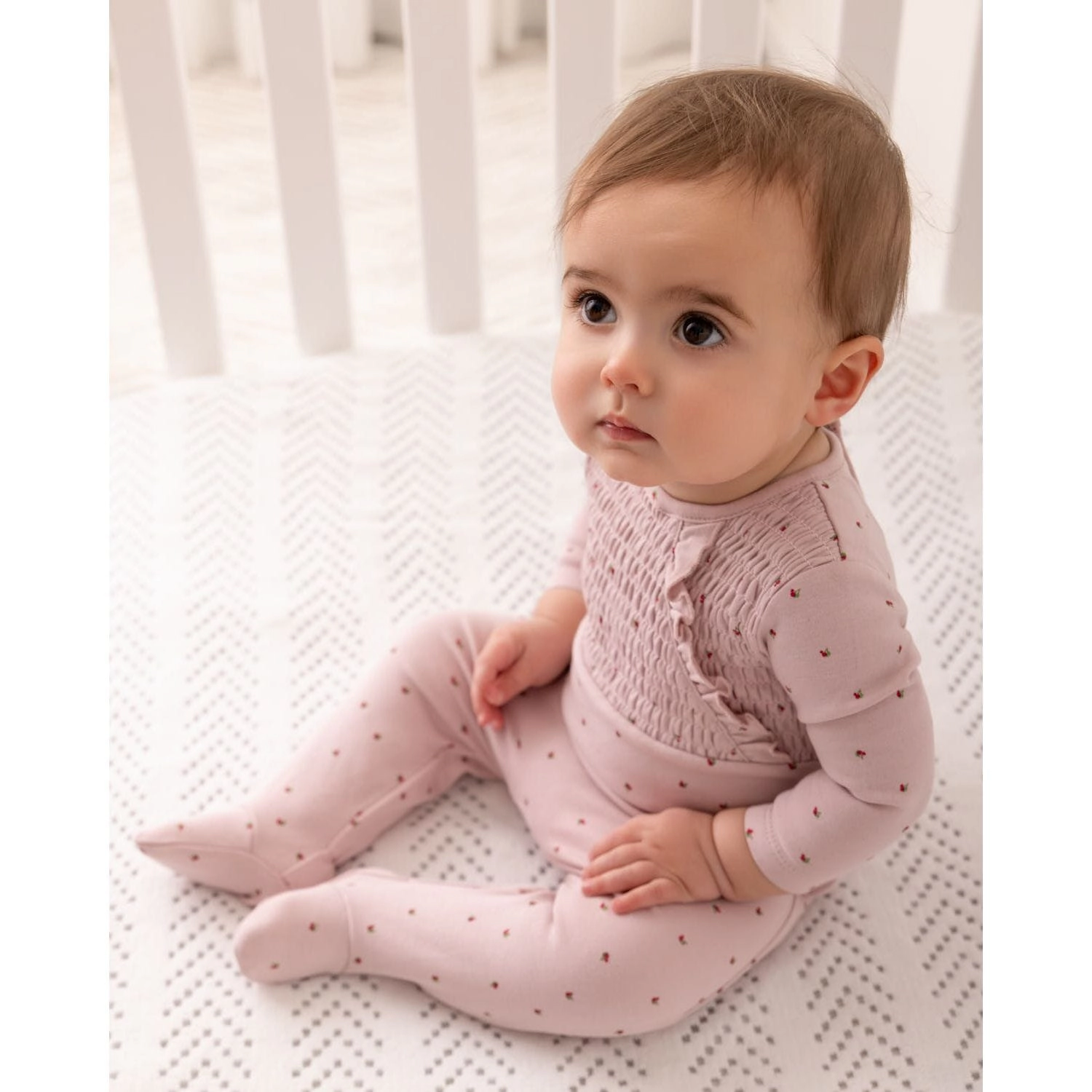 MeMoi Baby and Toddler Girls "Sweet Cherry" 100% Cotton Ruffled Smocked Footie
