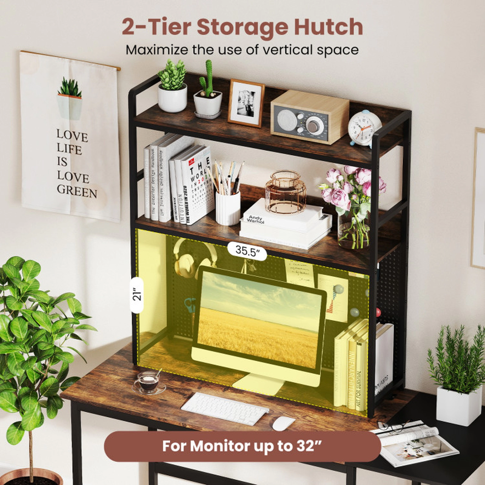 SUGIFT 2-Tier Desktop Bookshelf with Pegboard 55-lb Per Tier Capacity for up to 32-in Monitor Rustic Brown & Black